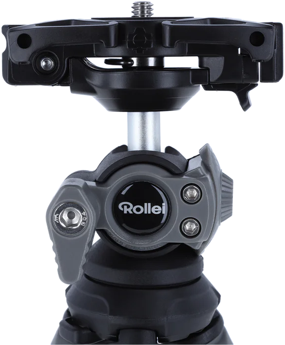 Stativkopf mit Rollei-Logo, grau und schwarz, Nahaufnahme.