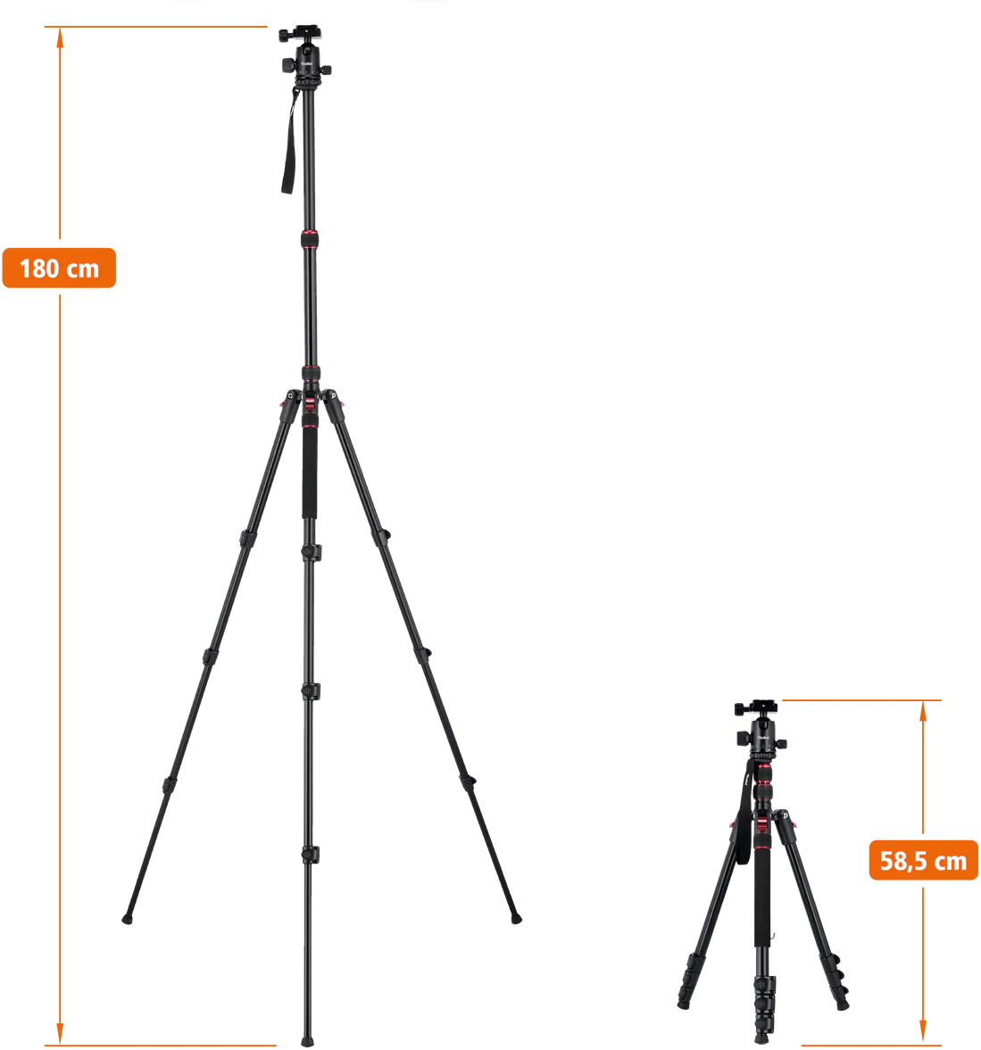 Stative, eines groß, eines klein. Das große ist 180 cm, das kleine 58,5 cm.