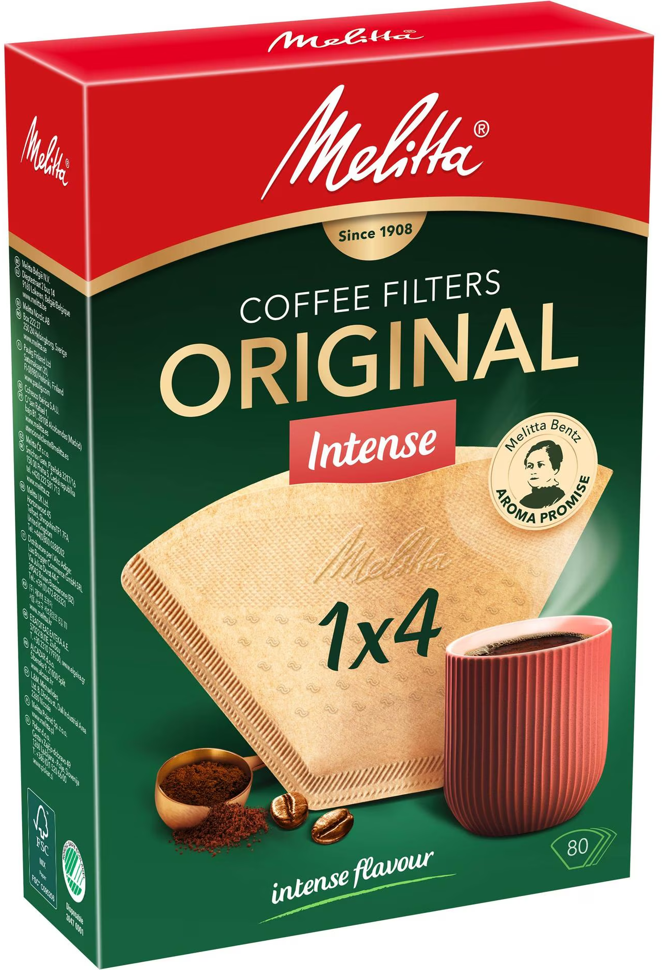 Scatola di filtri per il caffè. Colori rosso e verde. Testo: Melitta, Filtri per caffè, Original Intense.