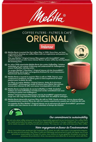Scatola di filtri per caffè con testo in inglese, francese e olandese, con l'immagine di una tazza di caffè.
