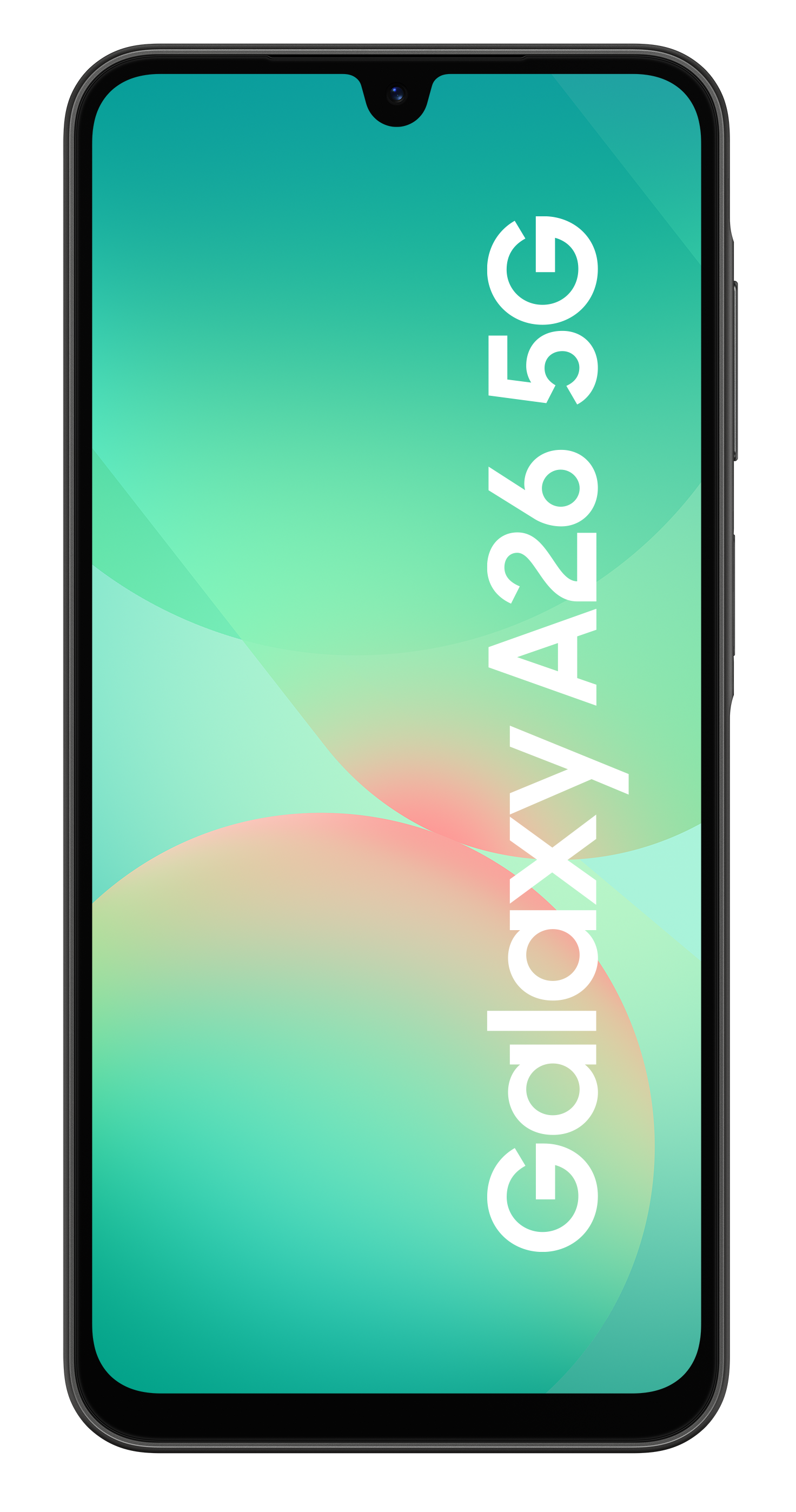 Telefon komórkowy z ekranem wyświetlającym 'Galaxy A26 5G' na gradientowym tle.