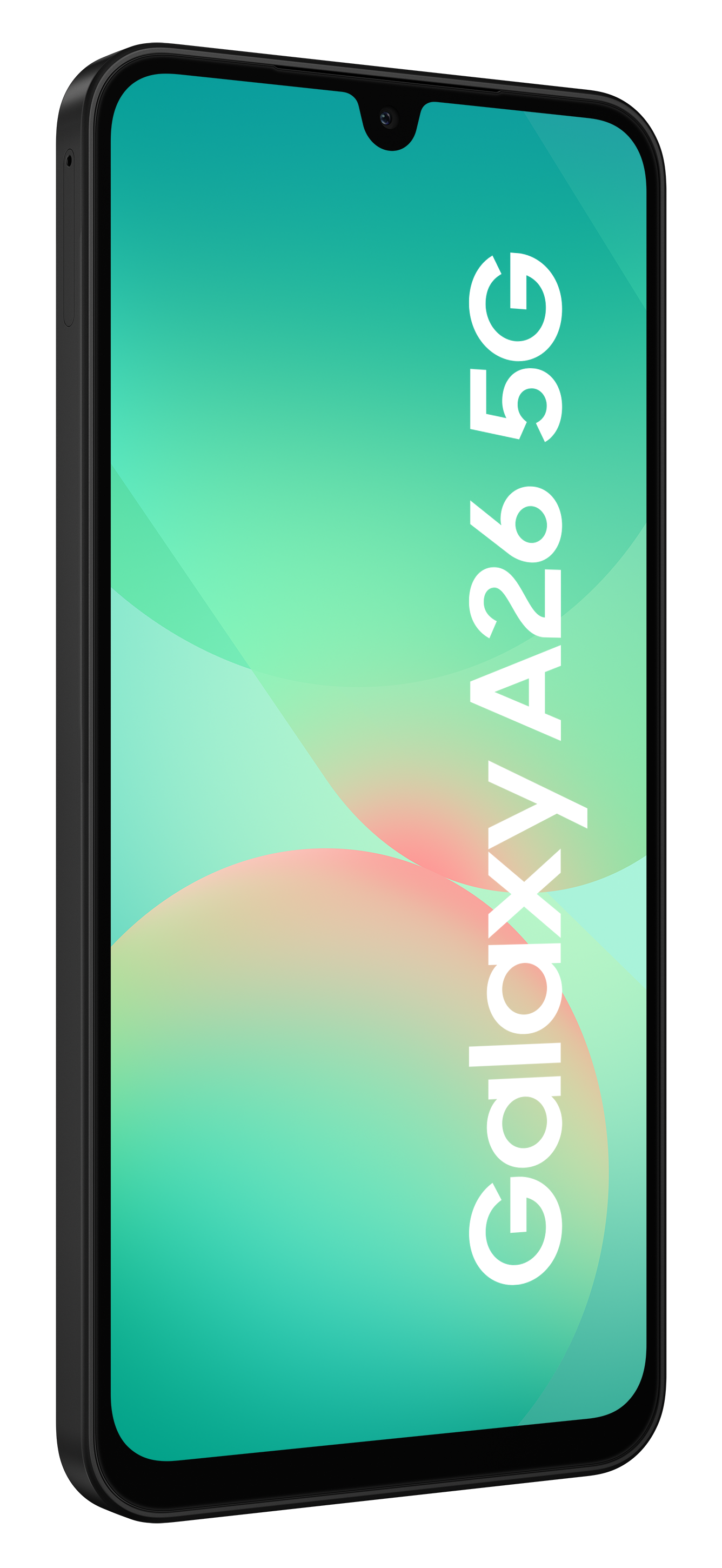 Czarny telefon Samsung Galaxy A26 5G, widok z boku, na czarnym tle.