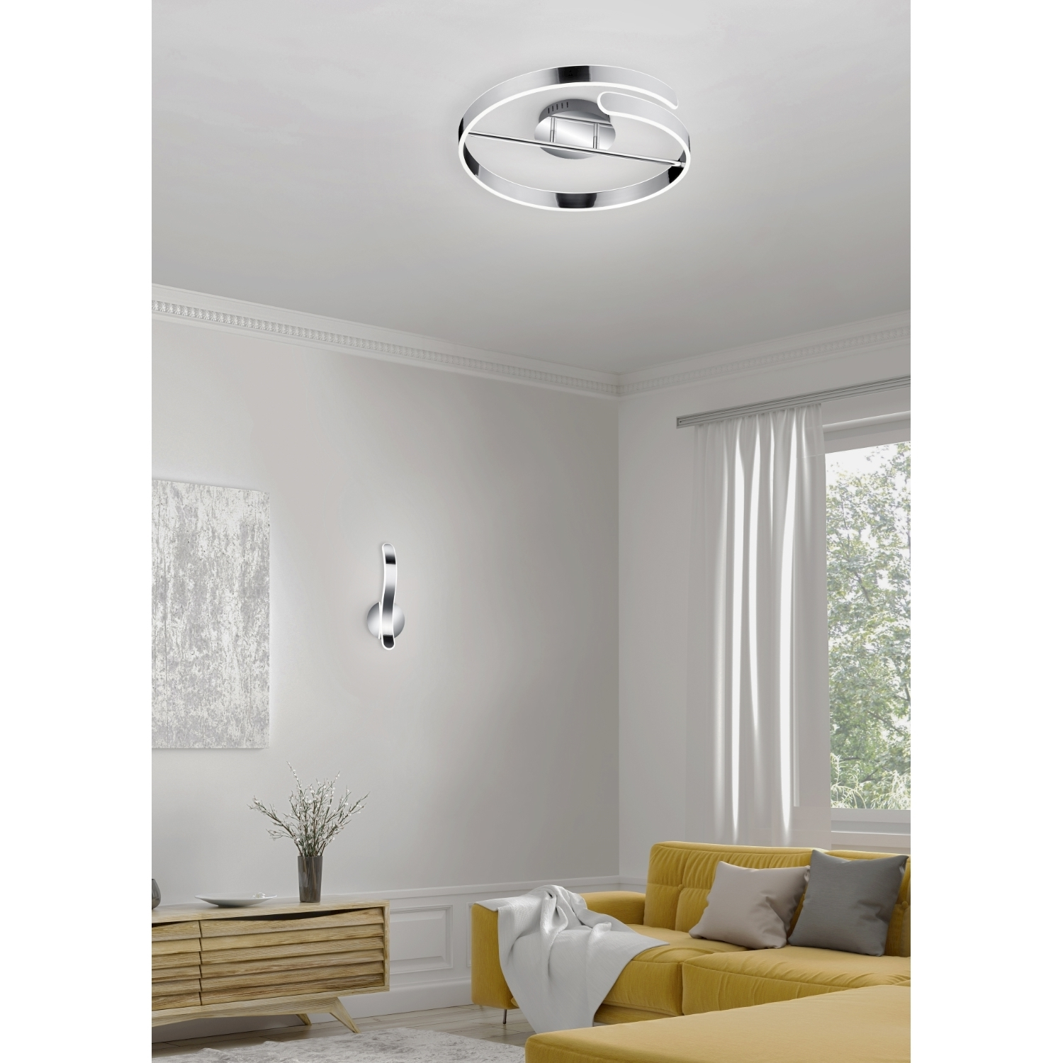 Soggiorno moderno con lampada da soffitto, lampada da parete, divano e mobile in legno.