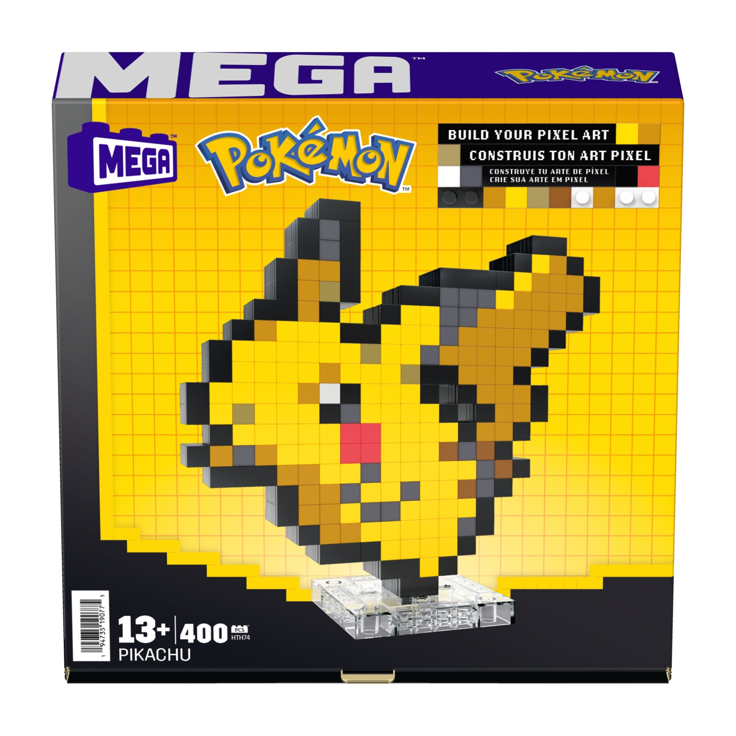Set scatola Mega Pokemon Pikachu pixel art. La scatola mostra un'immagine pixel art di Pikachu. Giallo.
