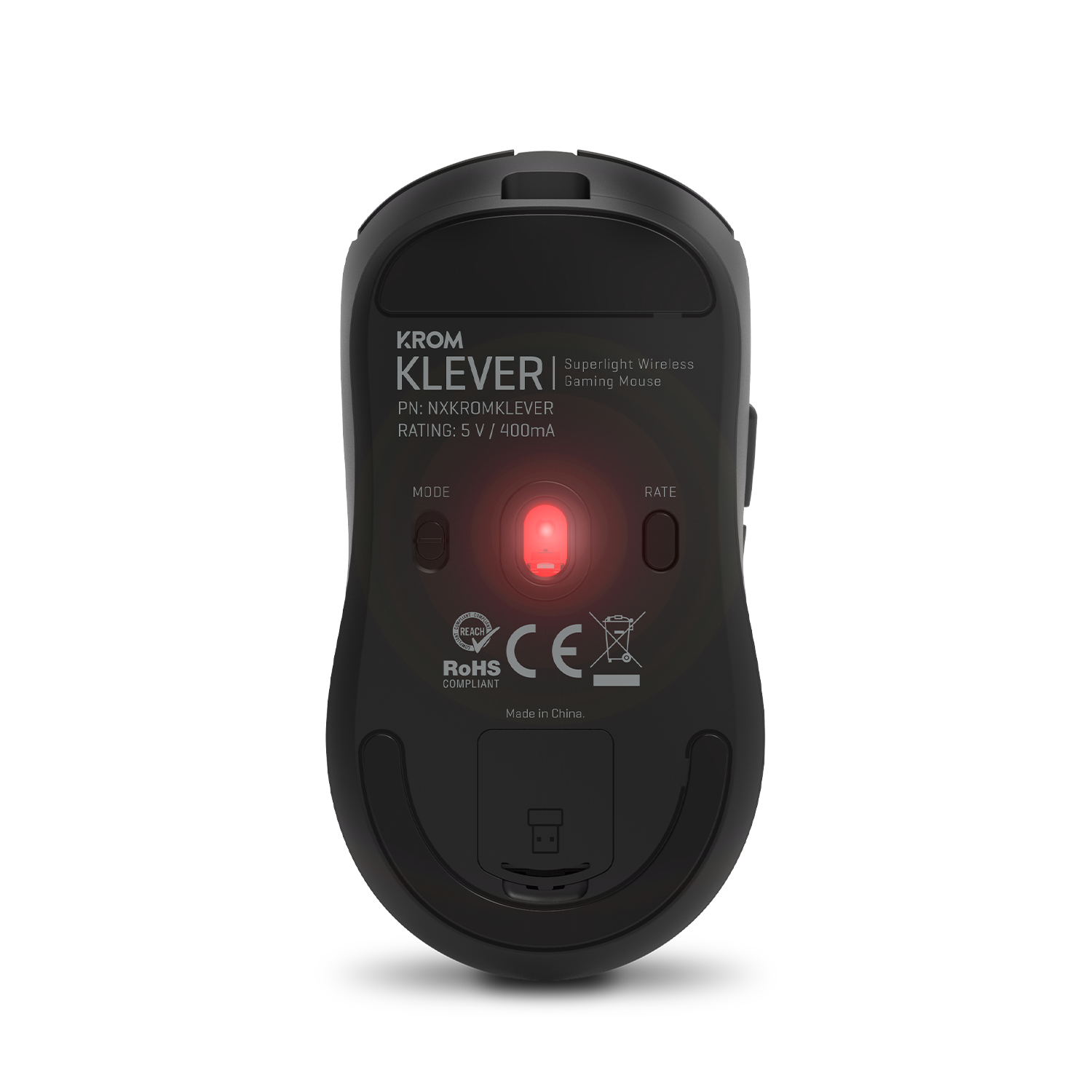Ratón gaming KROM Klevr negro, vista inferior, con luz roja y detalles del producto.