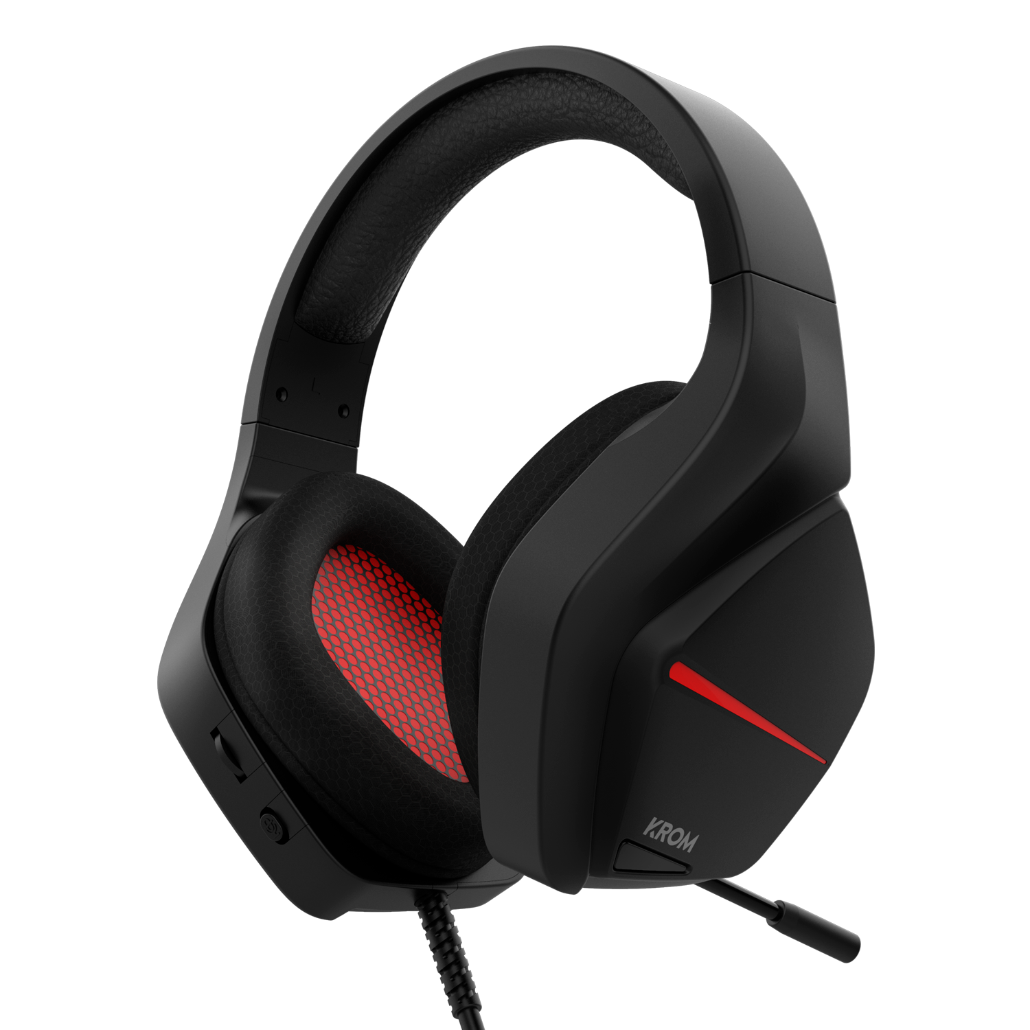 Auriculares gaming KROM negros con malla roja en el auricular. Un micrófono está conectado, con cable negro.