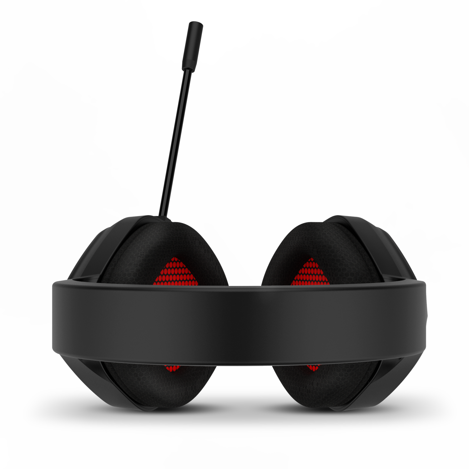 Un auricular para juegos negro con orejeras de malla roja y un micrófono que se extiende desde el auricular izquierdo.