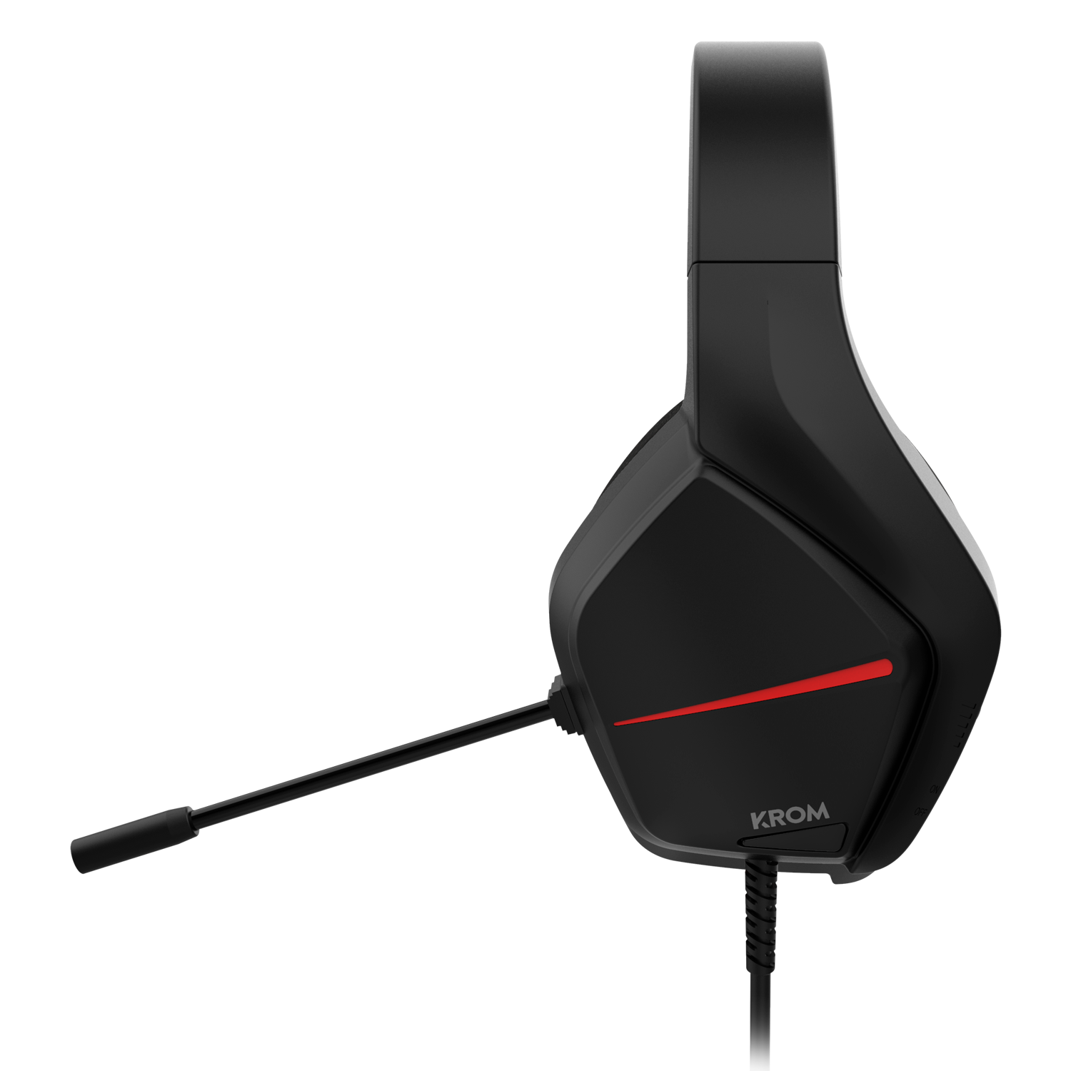 Auriculares para juegos negros con detalles rojos y micrófono.