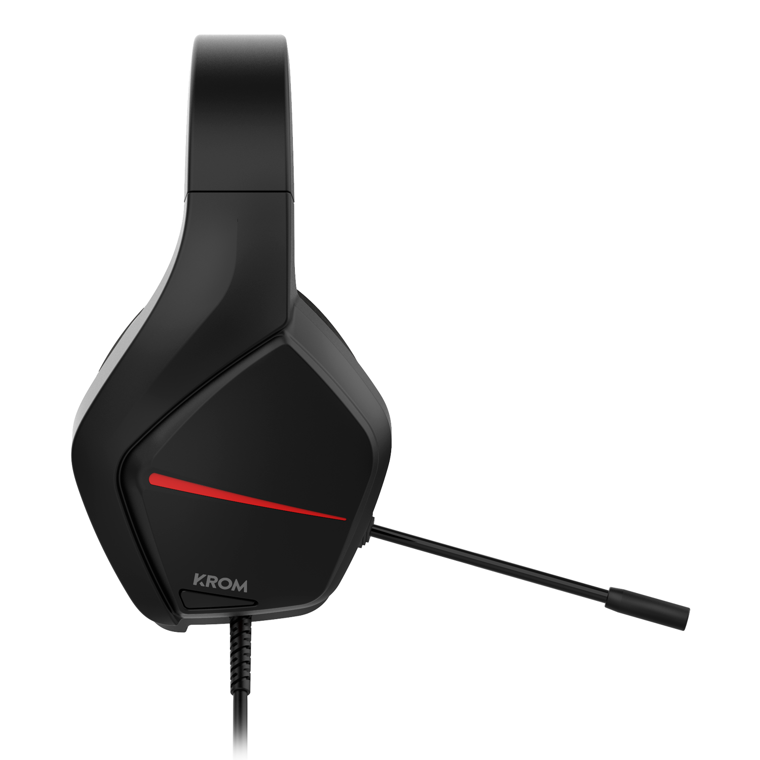 Auriculares gaming negros con una raya roja en la orejera y micrófono.