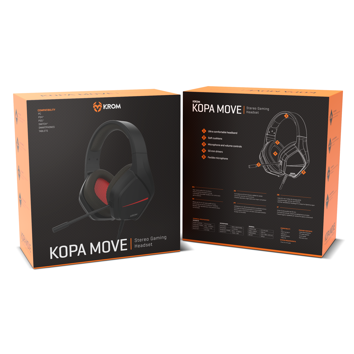 Caja de auriculares gaming estéreo Krom Kopa Move con detalles de características y especificaciones.