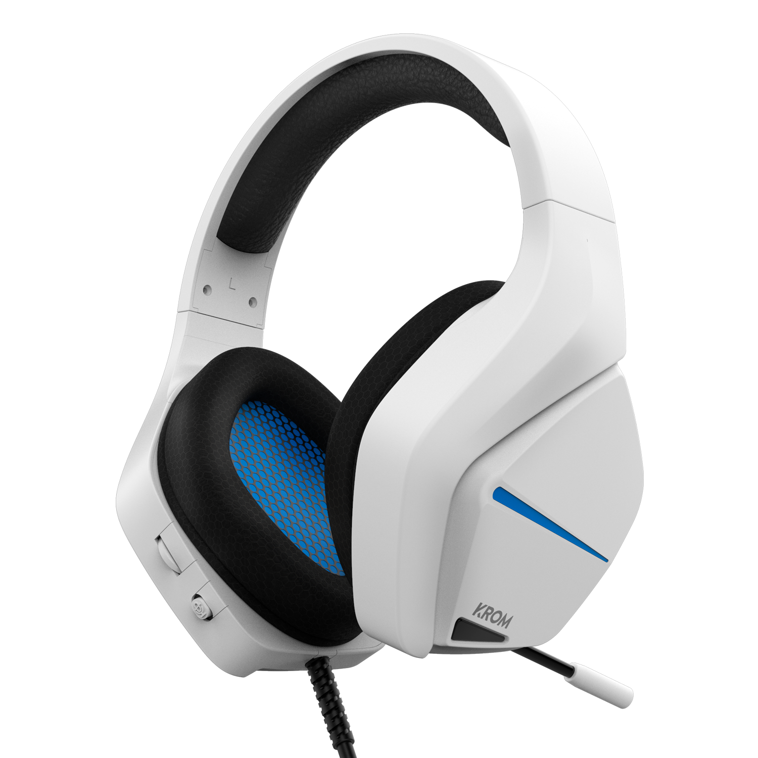 Auriculares para juegos blancos y azules con micrófono.
