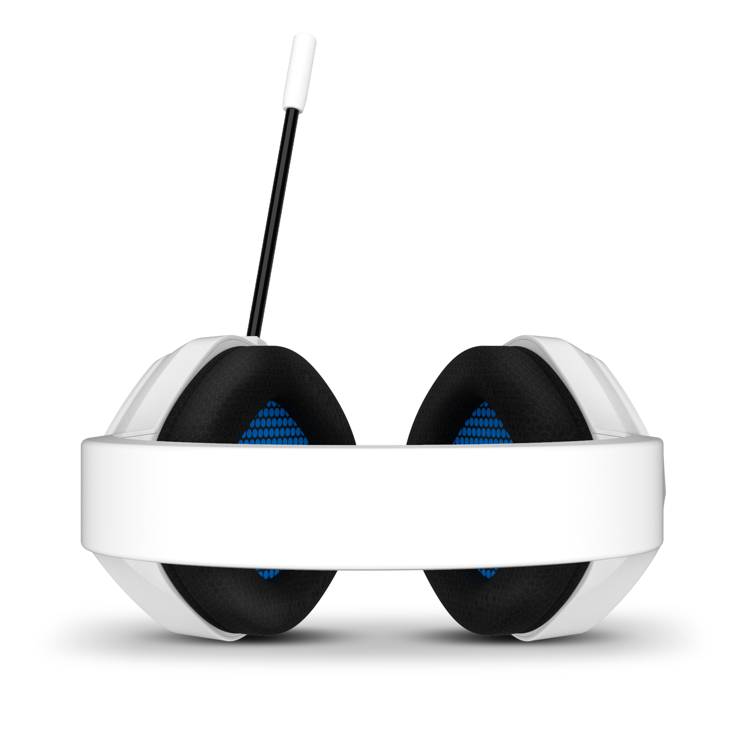 Auriculares para juegos blancos con auriculares negros y micrófono.