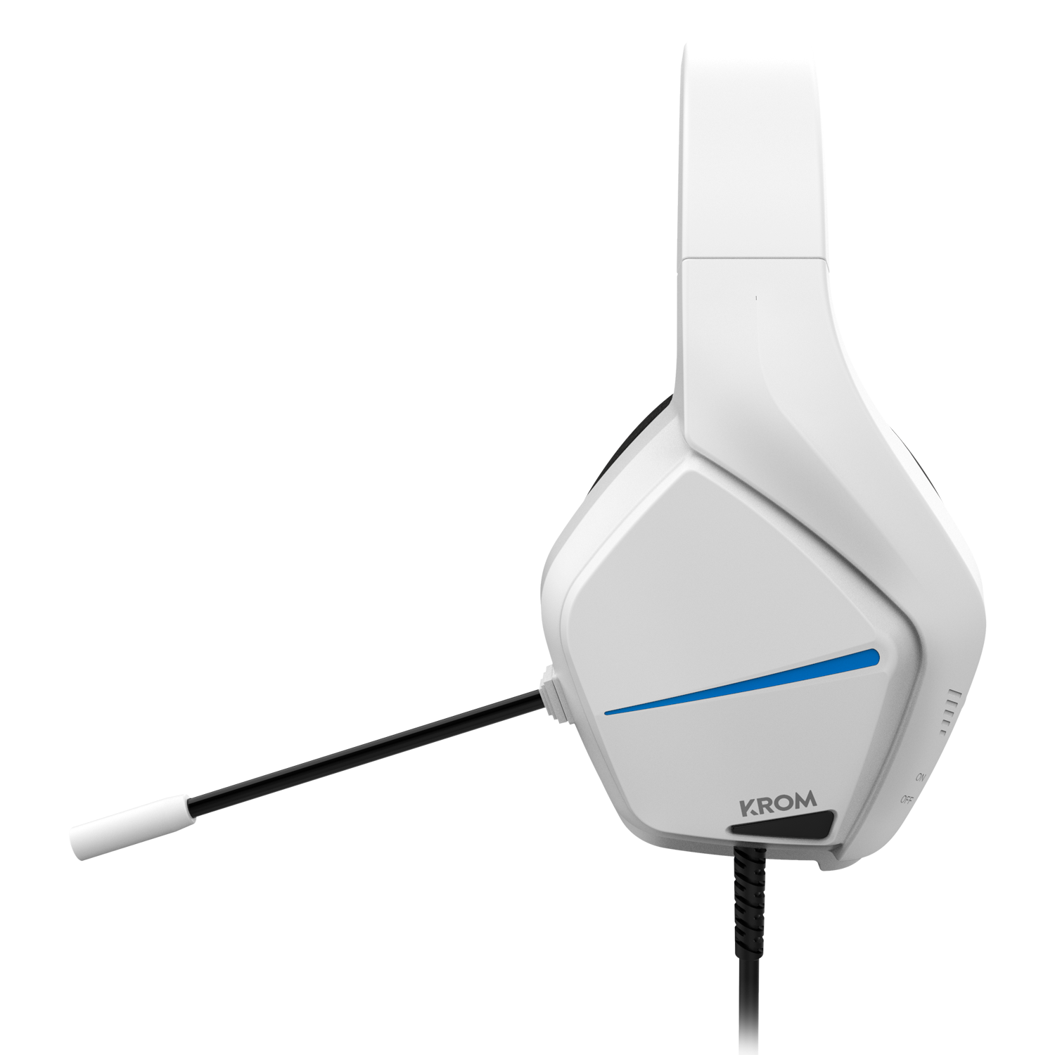 Auriculares para juegos KROM blancos con micrófono negro.