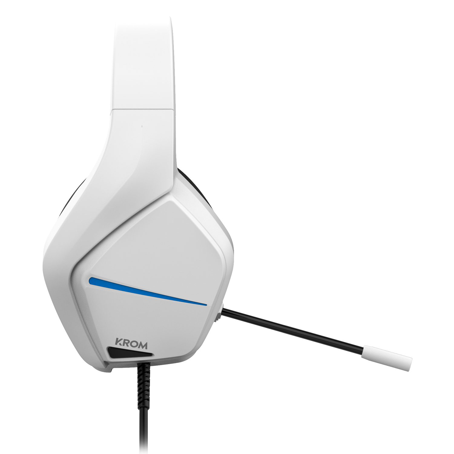 Auriculares gaming blancos con raya azul y micrófono negro, marca KROM visible.