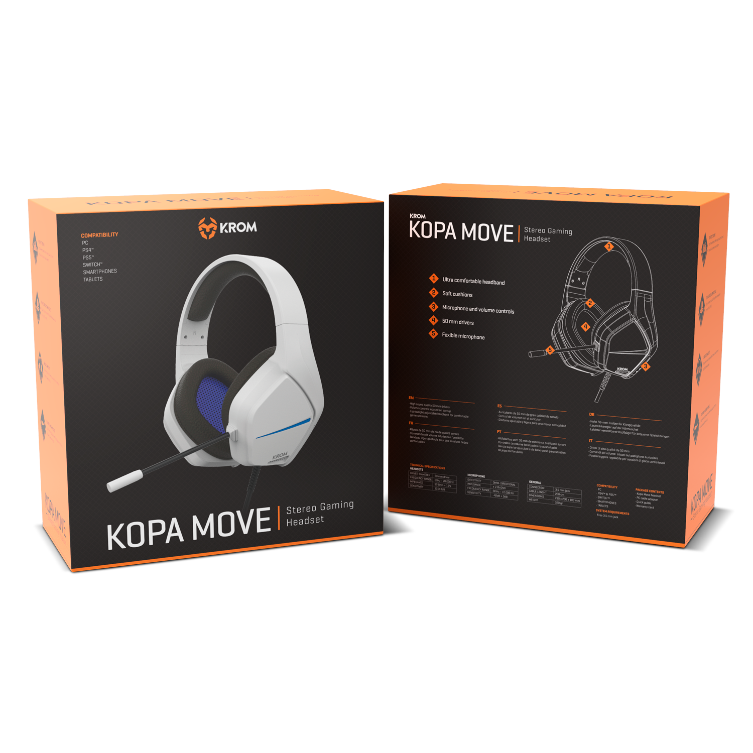 Auriculares gaming blancos y azules en una caja con especificaciones.
