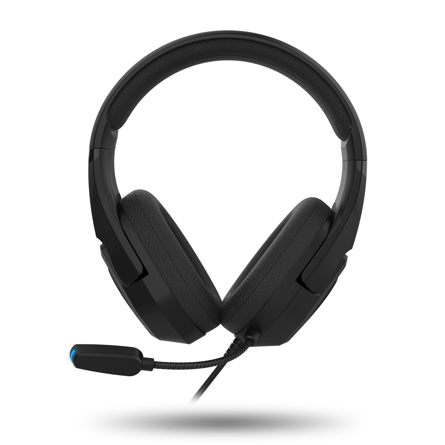 Auriculares gaming negros con punta de micrófono azul. Auriculares sobre fondo negro.