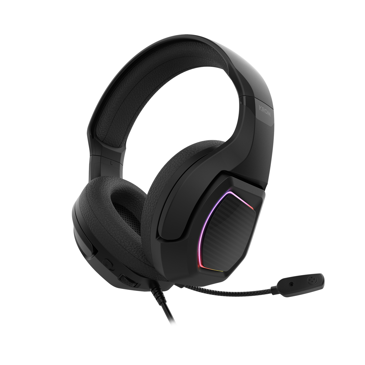Auriculares gaming KROM negros con micrófono. Diseño moderno y elegante sobre fondo negro.