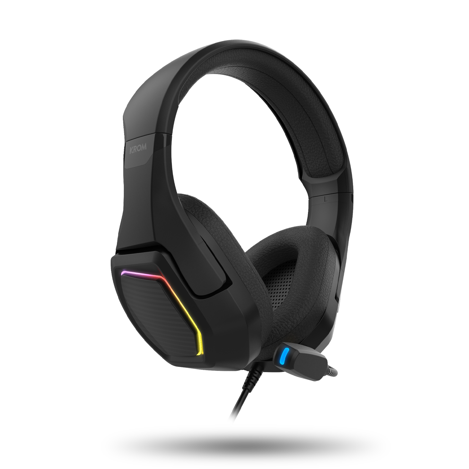 Auriculares gaming negros con luces RGB y micro en fondo negro.