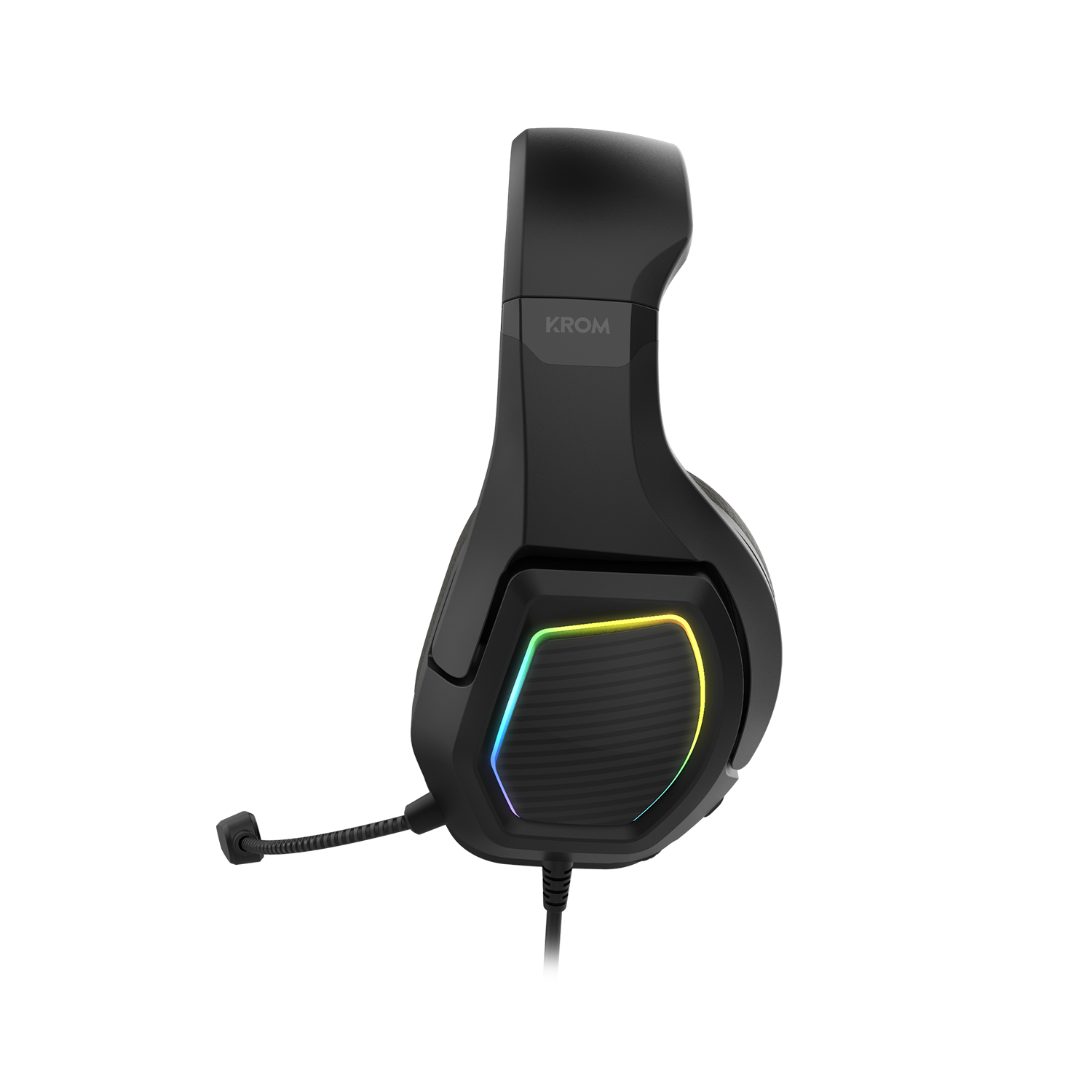 Auriculares gaming negros con micrófono. Tiene luces coloridas en las orejeras.