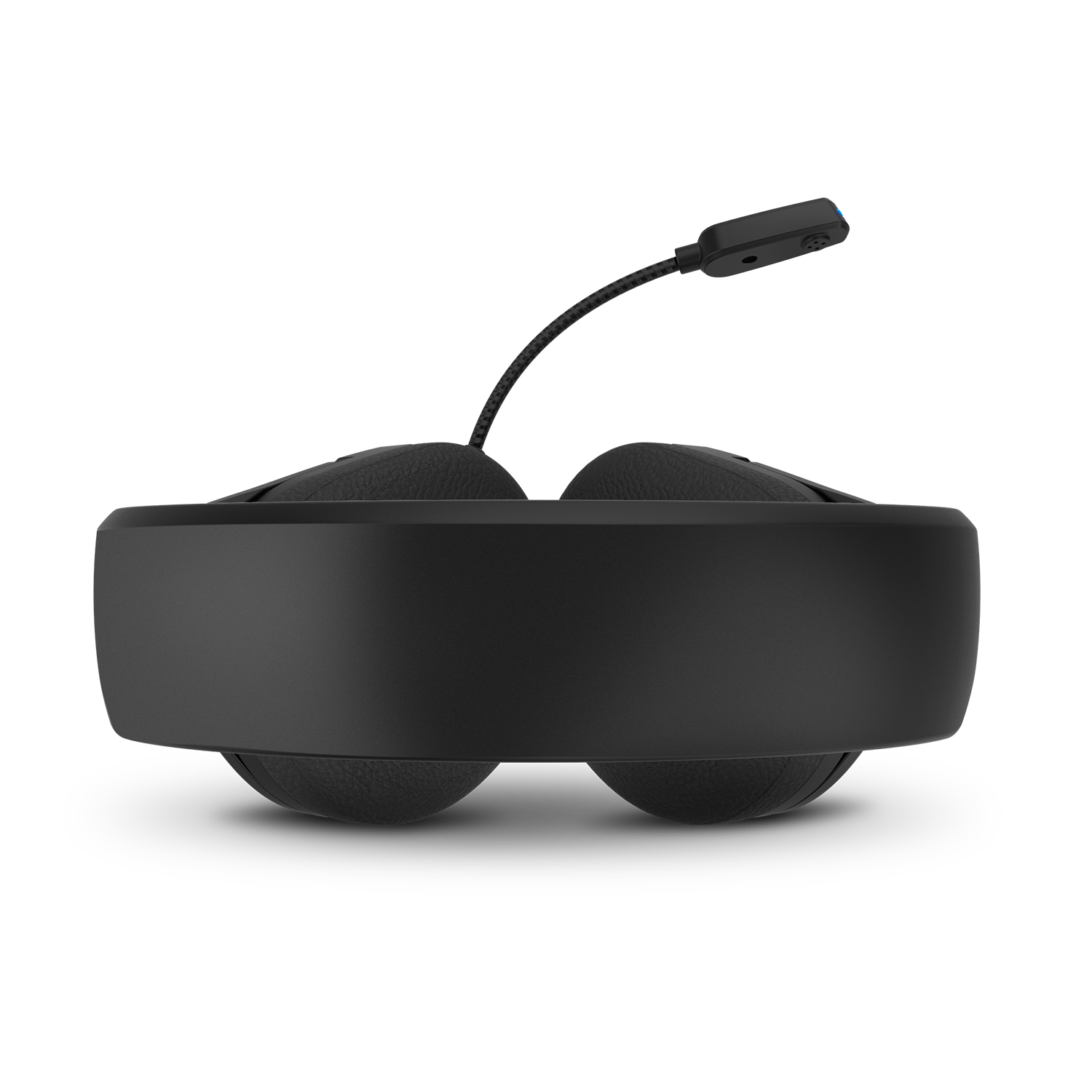 Auriculares negros con micrófono sobre fondo negro.