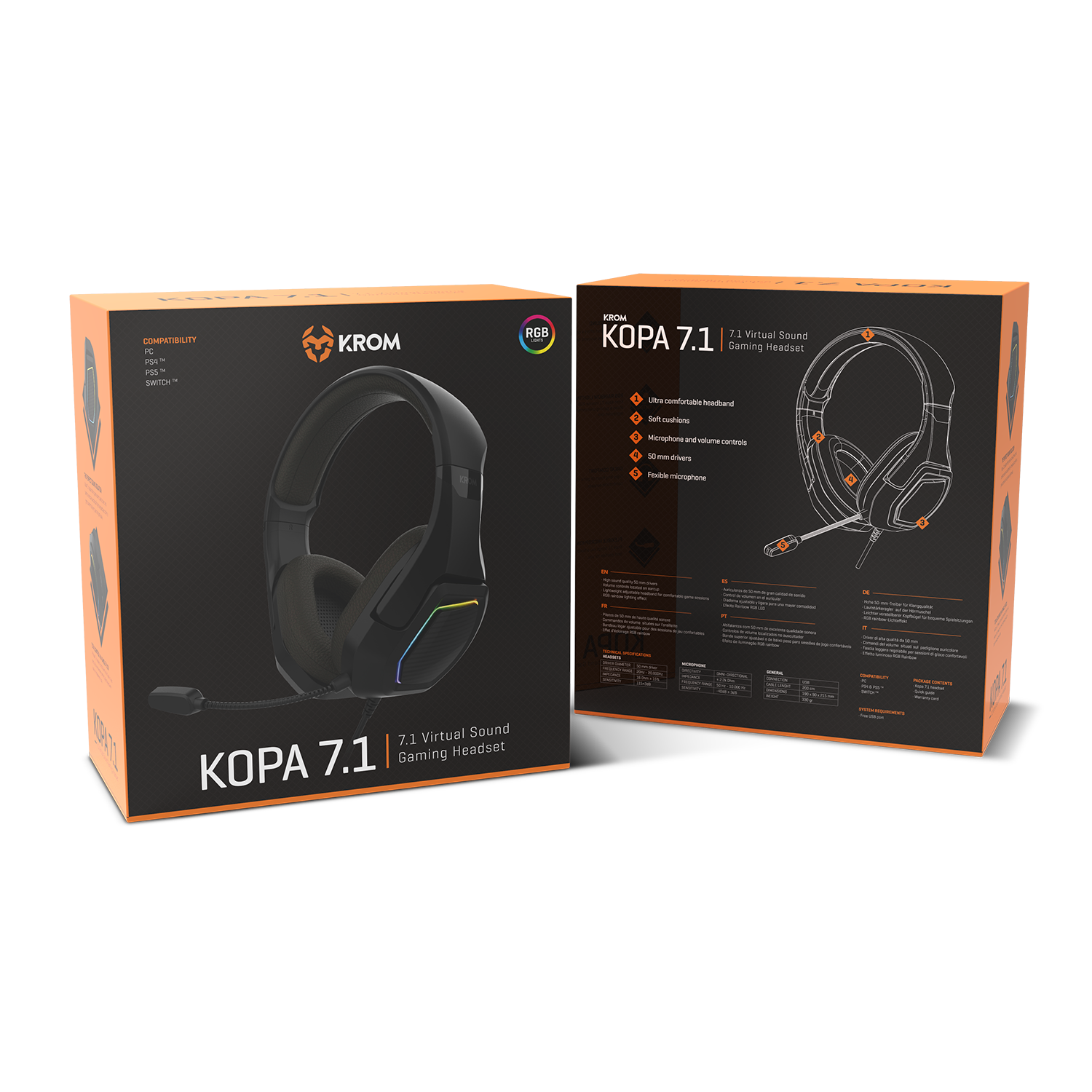 Caja de auriculares gaming Krom Kopa 7.1 virtual sound con auriculares en la caja.