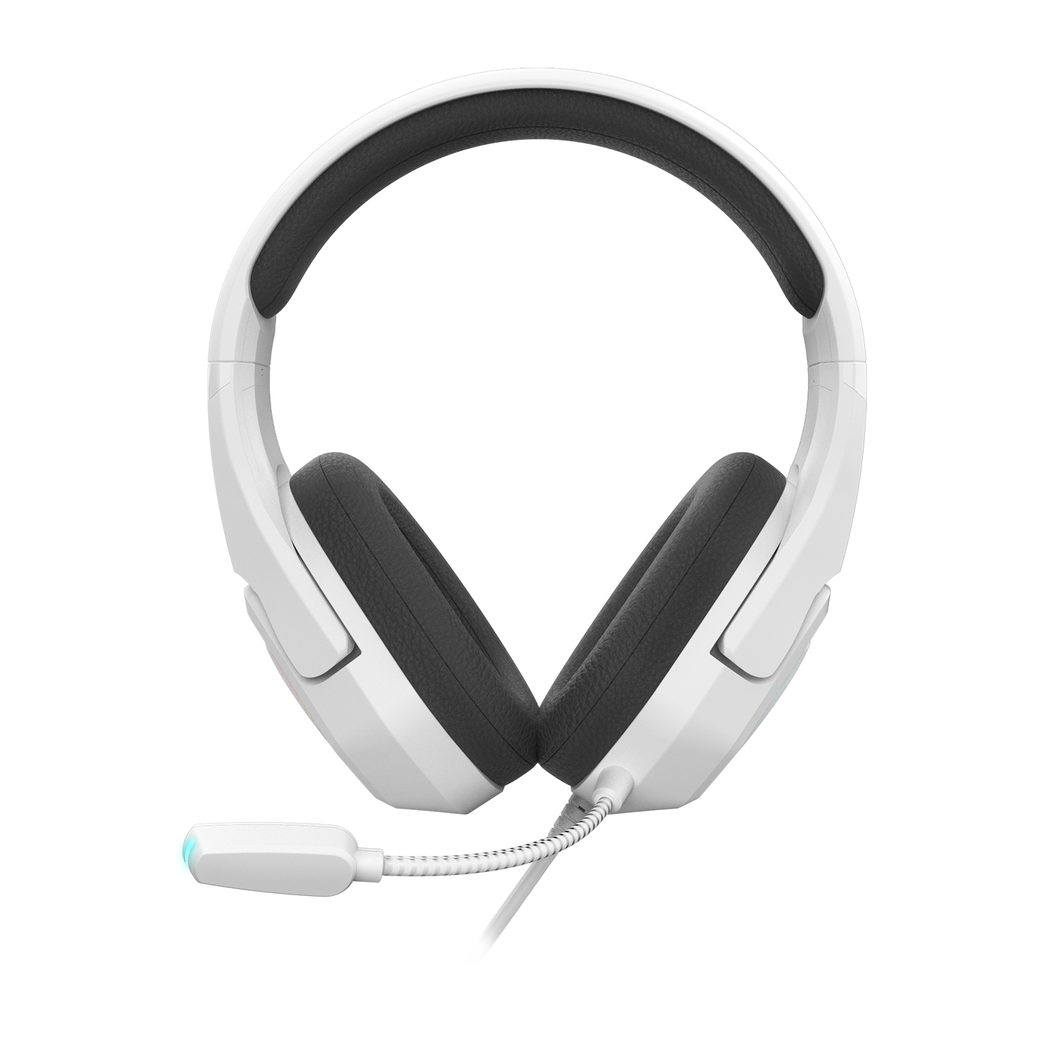 Auriculares gaming blancos con almohadillas negras y micro. Cable se extiende hacia abajo.
