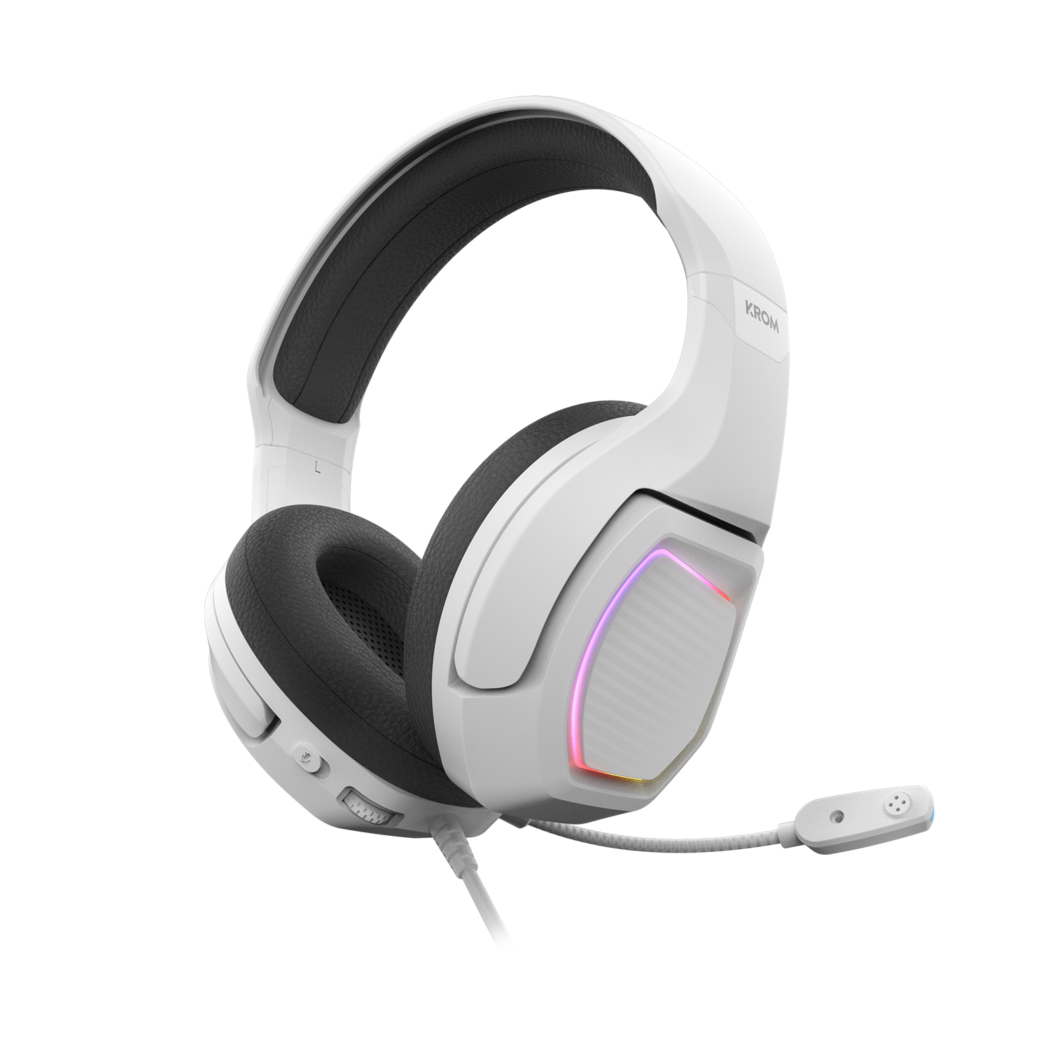 Auriculares blancos con micrófono, auriculares negros e iluminación colorida.