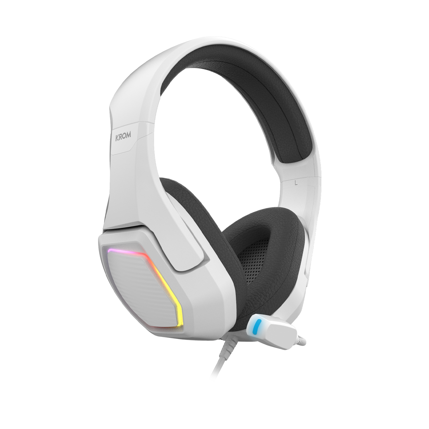 Auriculares para juegos blancos con micrófono y luces de colores en la copa del oído.