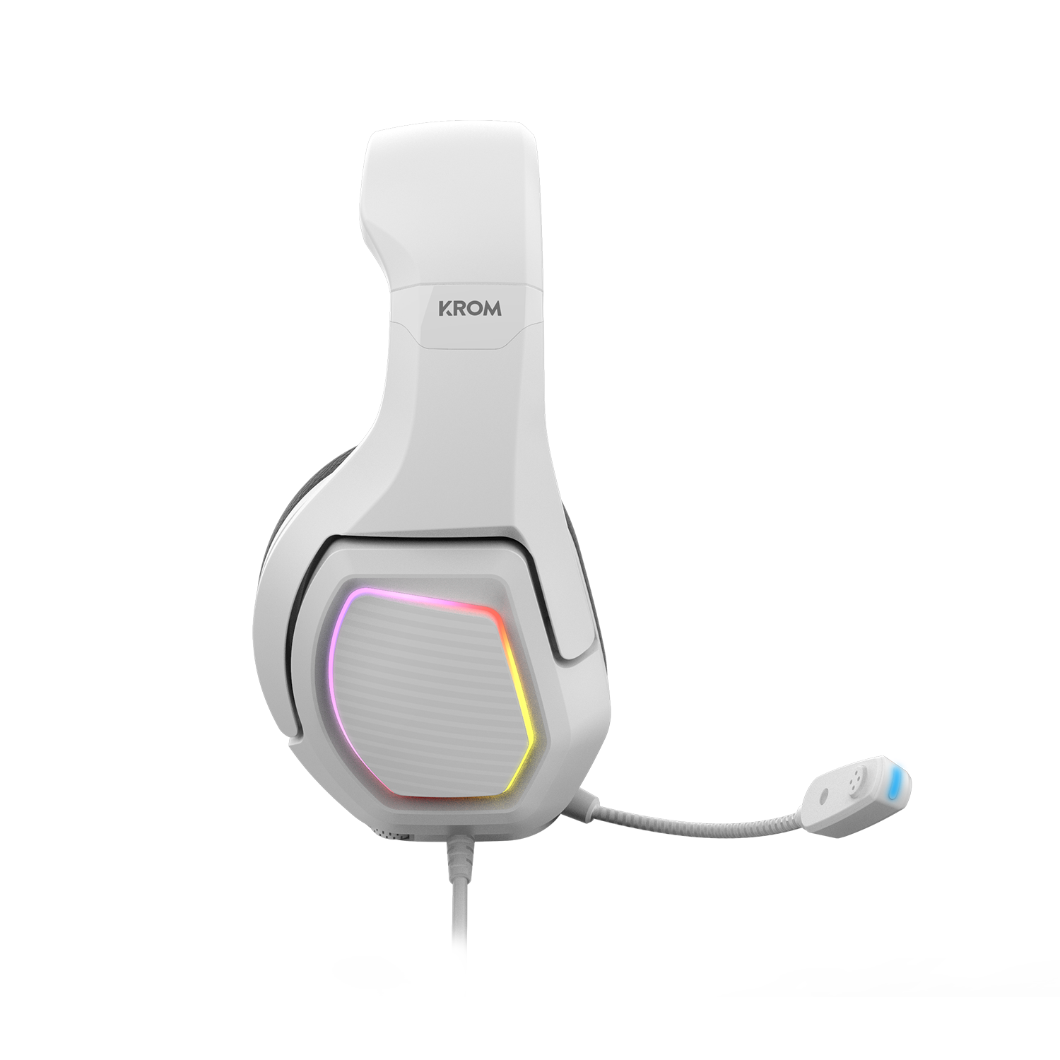 Auriculares gaming blancos con orejera iluminada multicolor y micro. La marca es KROM.