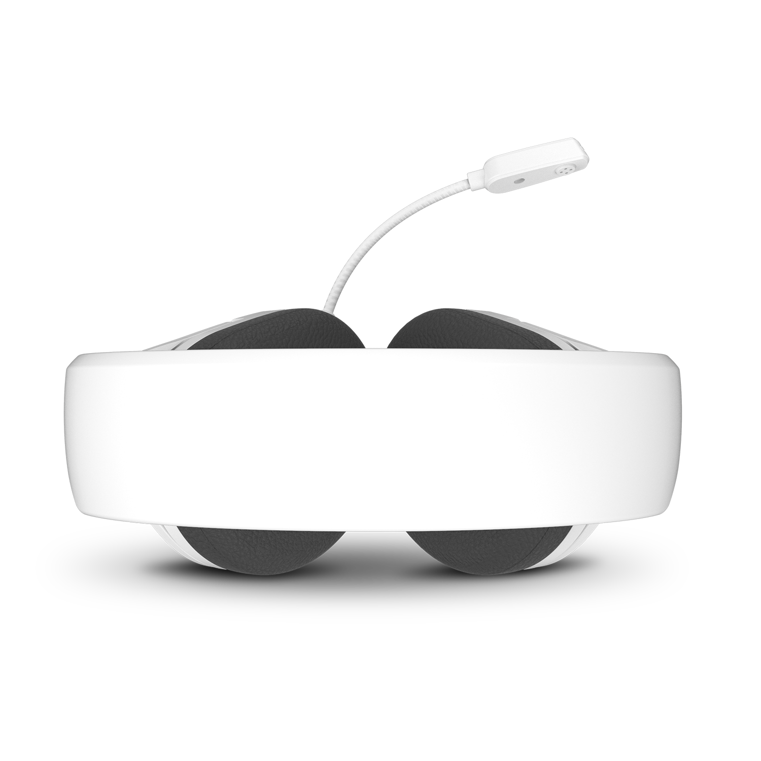 Vista superior de unos auriculares VR blancos con fondo negro.