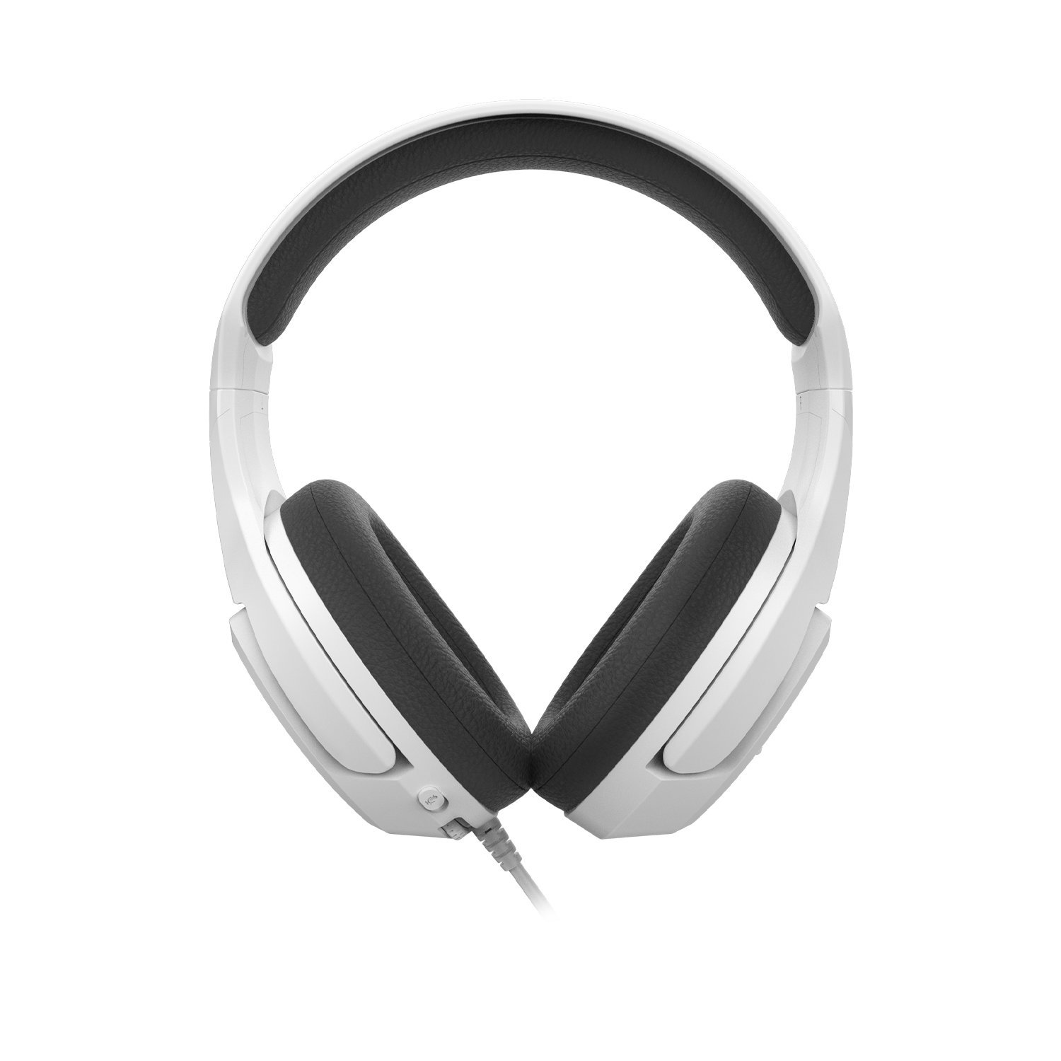 Auriculares blancos sobre un fondo negro. Las orejeras son grises.