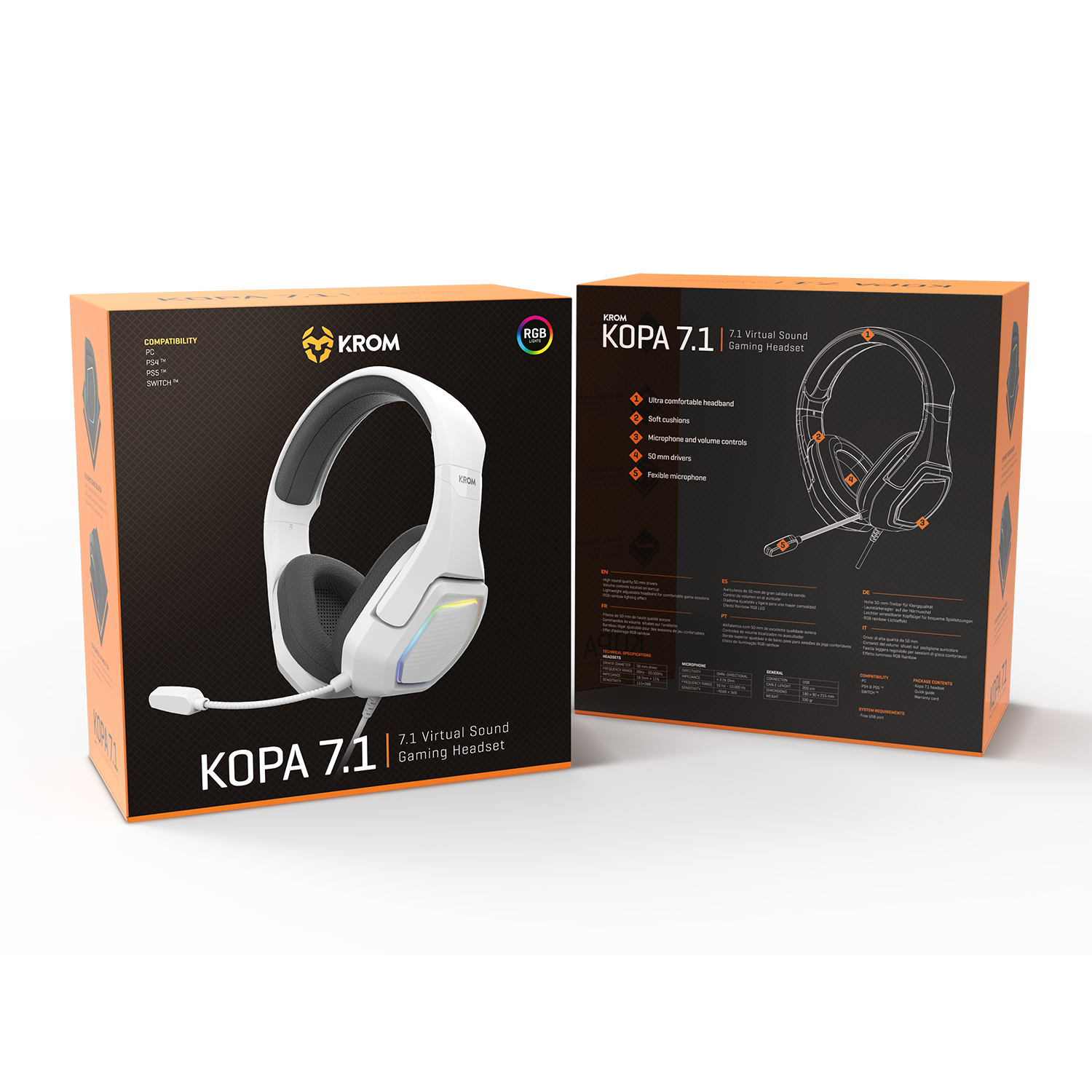 Juego de cajas de auriculares, que muestra los auriculares y sus características.