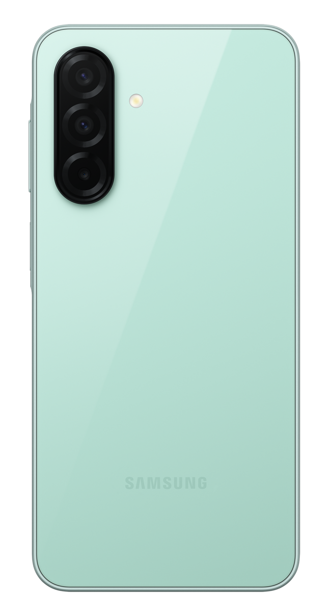 Miętowy smartfon, widok z tyłu, z systemem trzech obiektywów i logo Samsung.
