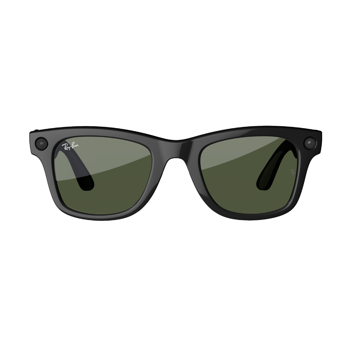 Gafas de sol Ray-Ban negras con lentes verde oscuro. Las lentes son rectangulares.