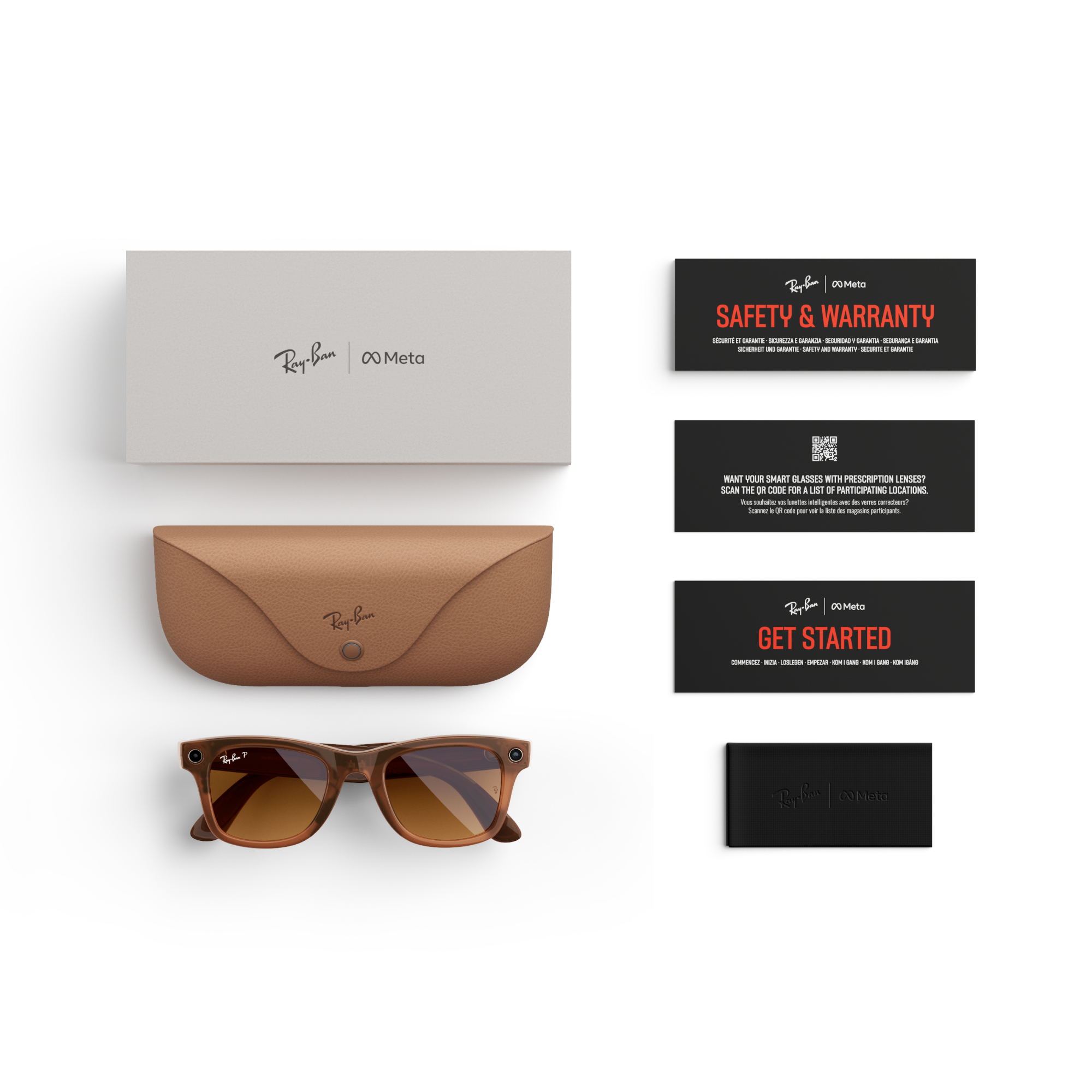 Gafas inteligentes Ray-Ban Meta con estuche, caja y tarjetas, sobre fondo blanco.