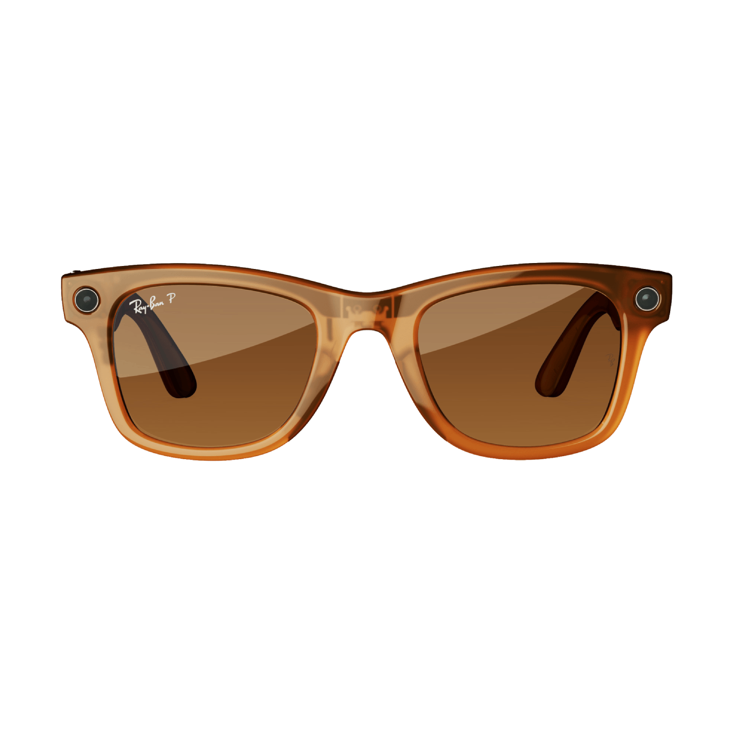 Gafas de sol marrones. Logotipo Ray-Ban a la izquierda, una pequeña cámara a cada lado. Fondo negro.