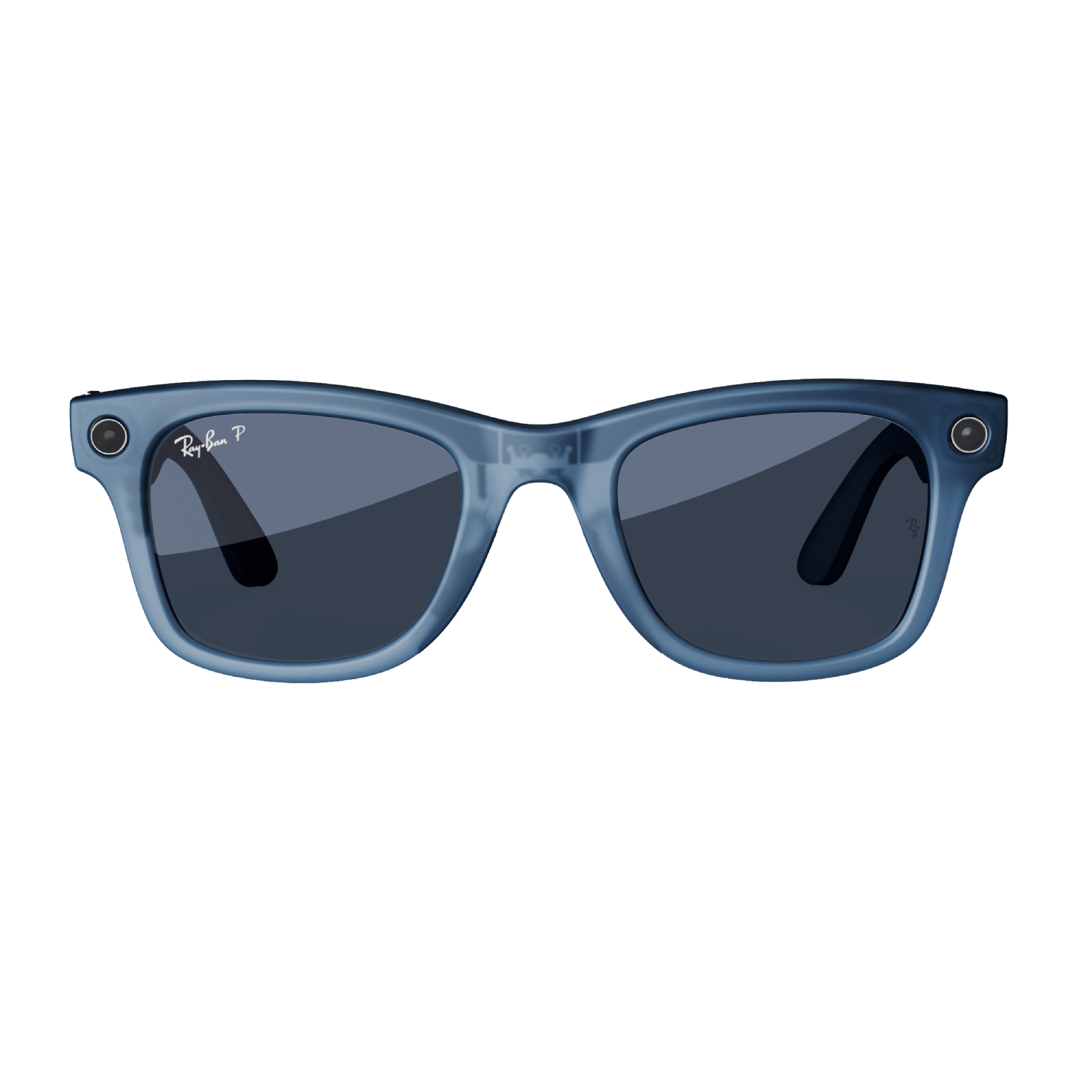 Gafas de montura azul con lentes oscuras y dos pequeños elementos circulares a los lados.