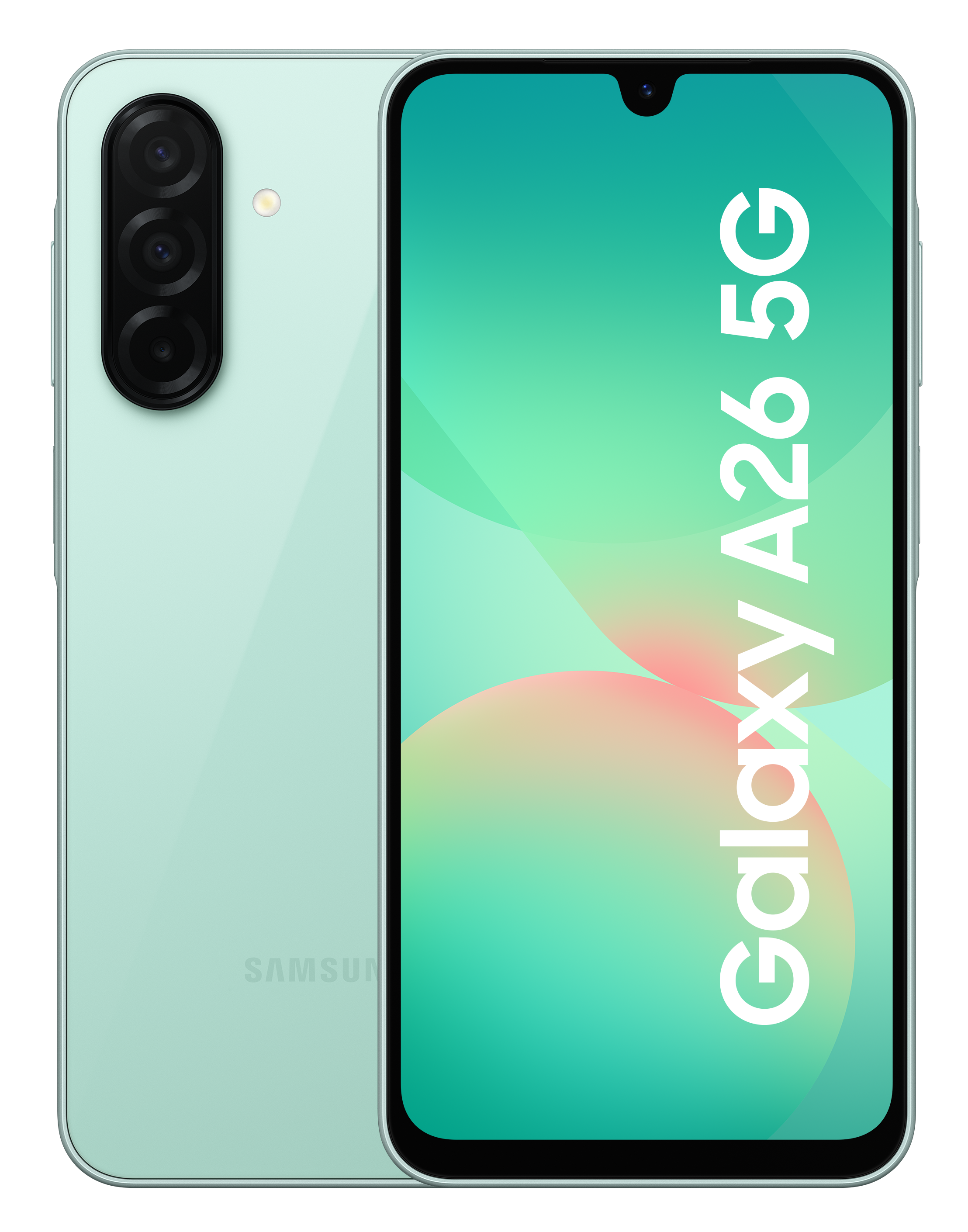 Miętowy telefon Samsung Galaxy A26 5G. Trzy aparaty z tyłu. Duży ekran.