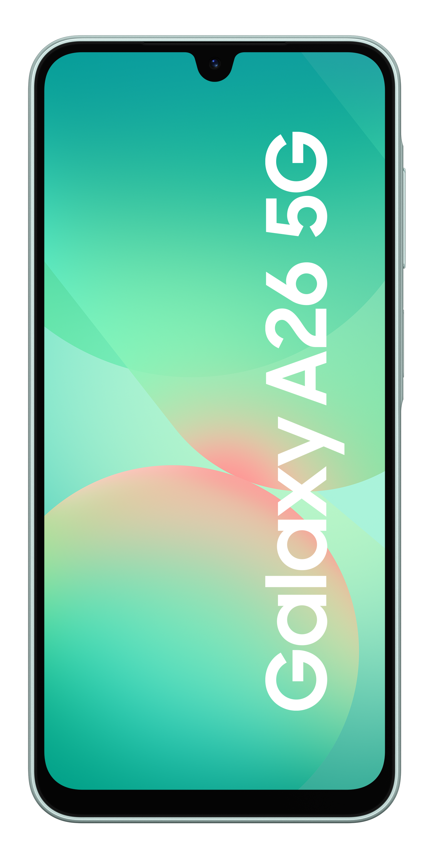Telefon miętowy z napisem Galaxy A26 5G na ekranie. Czarne tło.