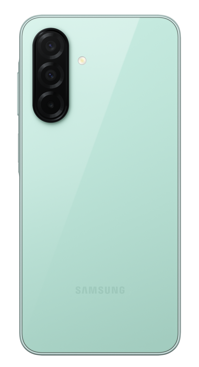 Tył zielonego smartfona z trzema aparatami i lampą błyskową.