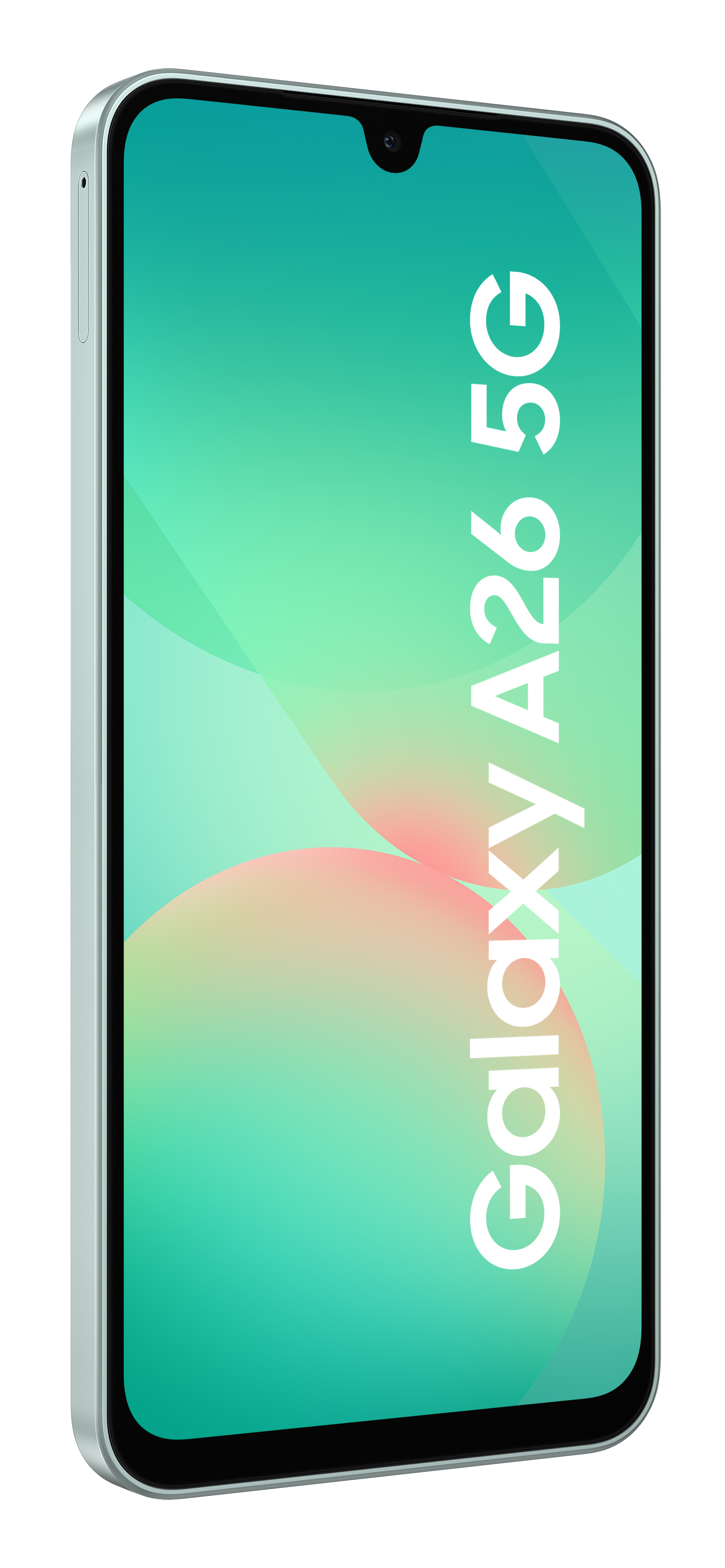 Srebrny telefon z zielonym ekranem wyświetla "Galaxy A26 5G".