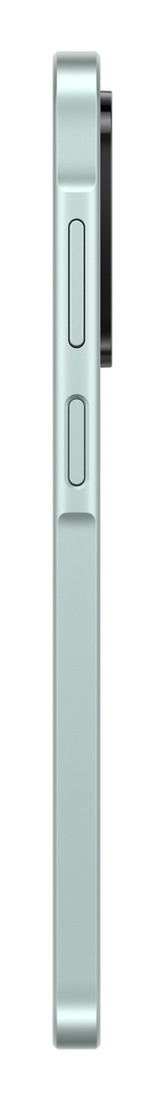 Widok z boku jasnoniebieskiego telefonu z przyciskami z boku, na czarnym tle.