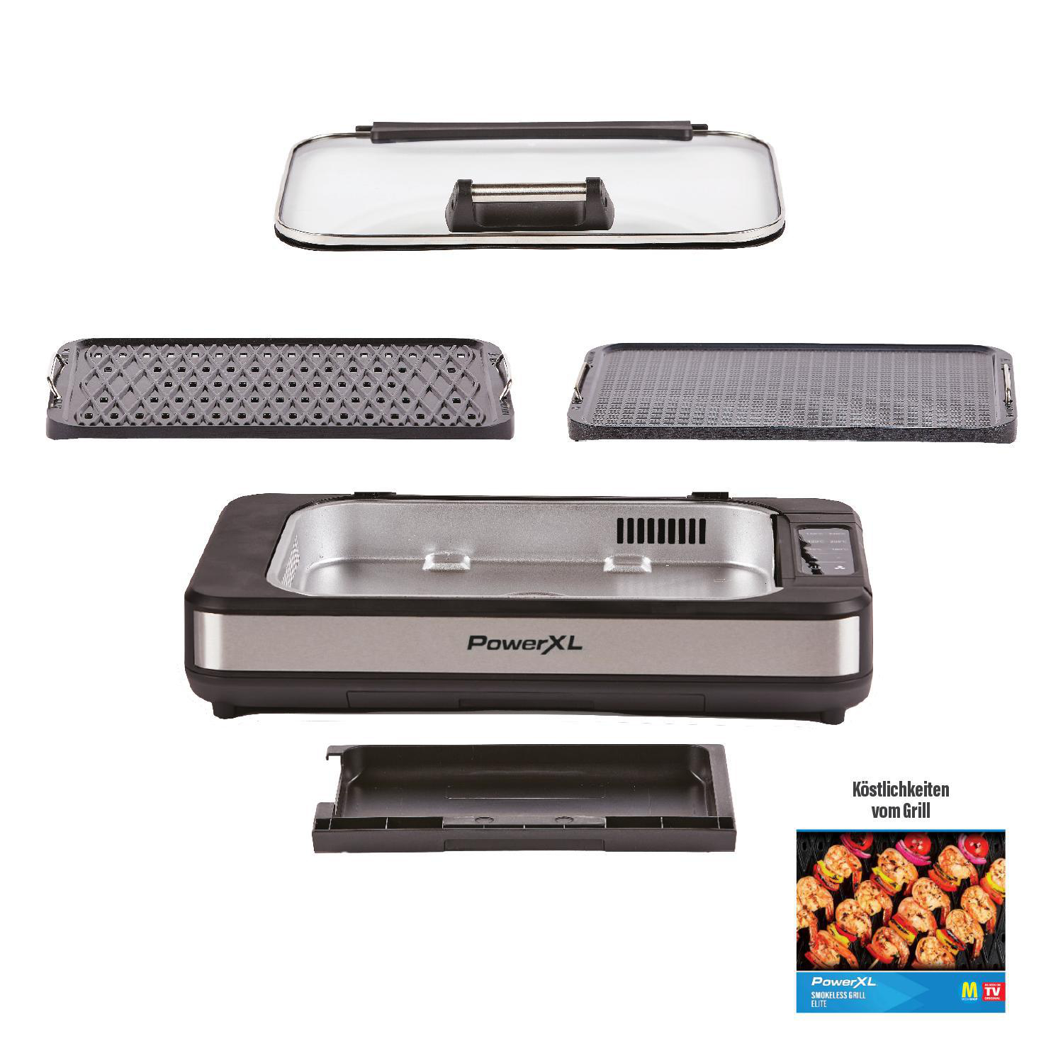 PowerXL Grillkomponenten, darunter ein Deckel, Grillplatten und eine Basis, neben einem Marketingbild.