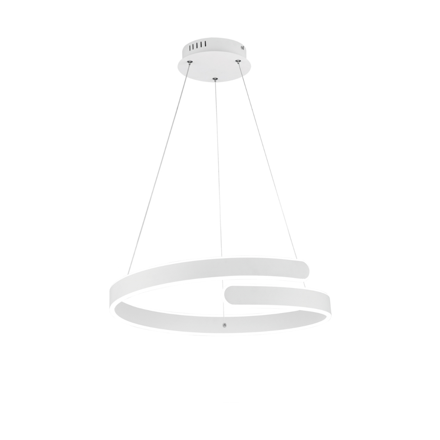 Lampadario bianco e moderno con due elementi luminosi curvi. Design semplice, appeso al soffitto.