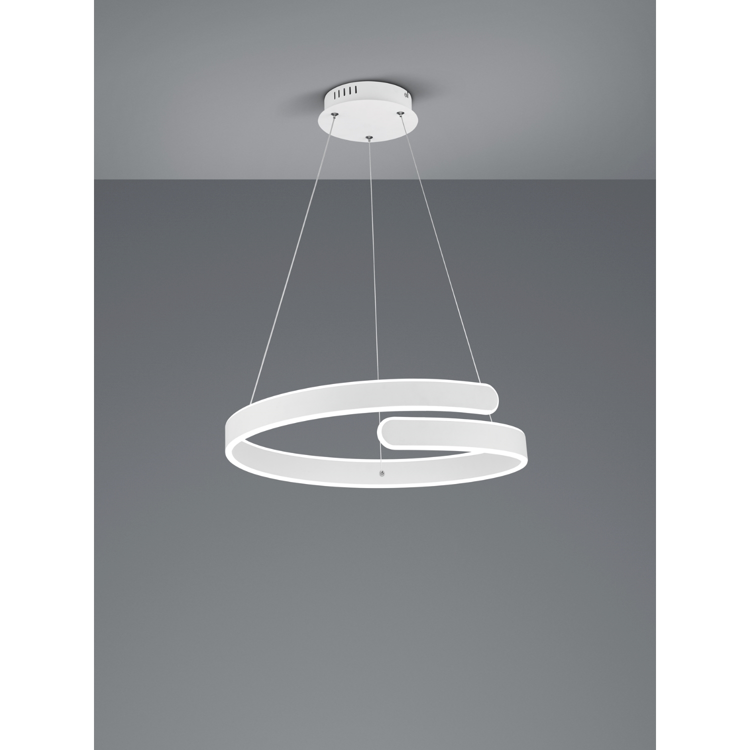 Lampada da soffitto bianca, stile moderno, con design a doppio anello, su sfondo grigio.