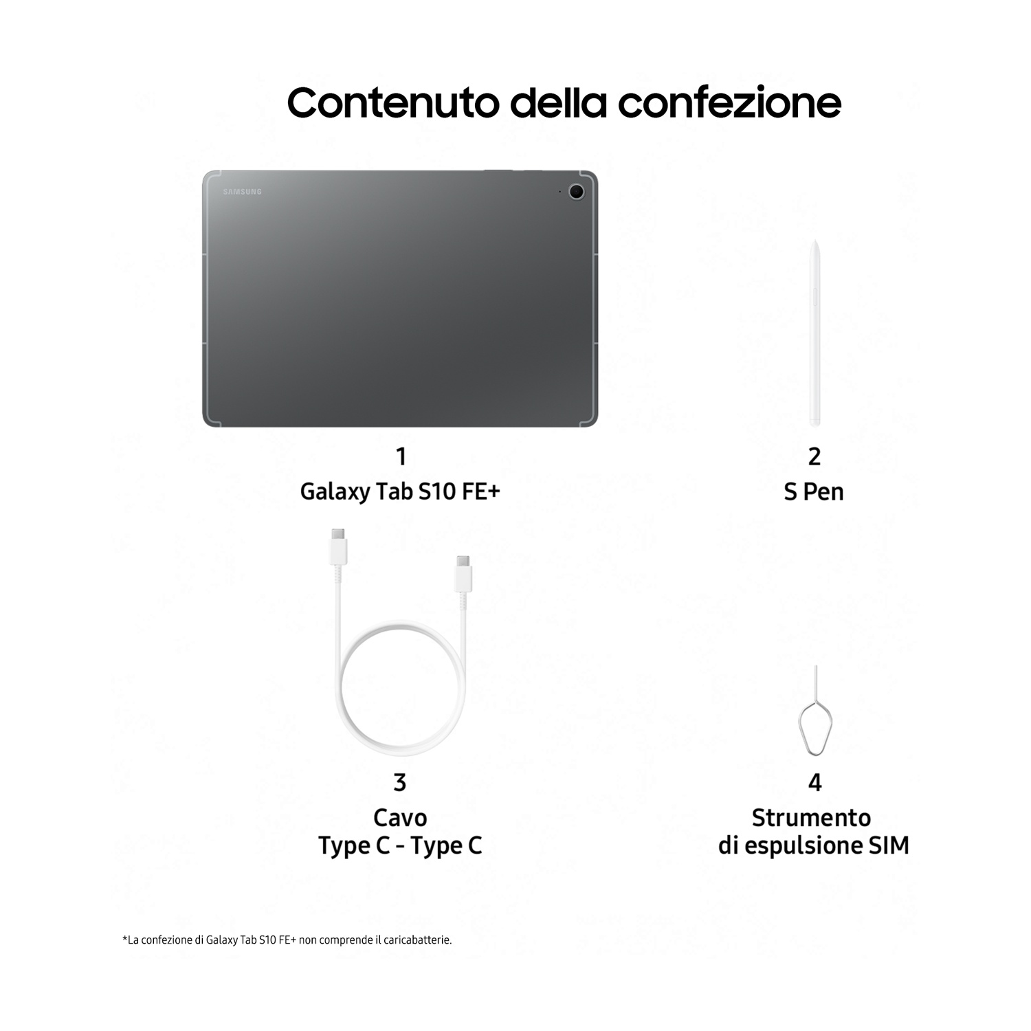 Tablet, S Pen e cavo su sfondo bianco, con testo in italiano.