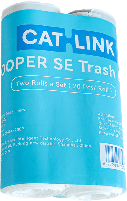 Kék szemeteszsák tekercsek a 'CAT LINK' és 'SUPER SE Trash' szöveggel, 'Two Rolls a Set'.