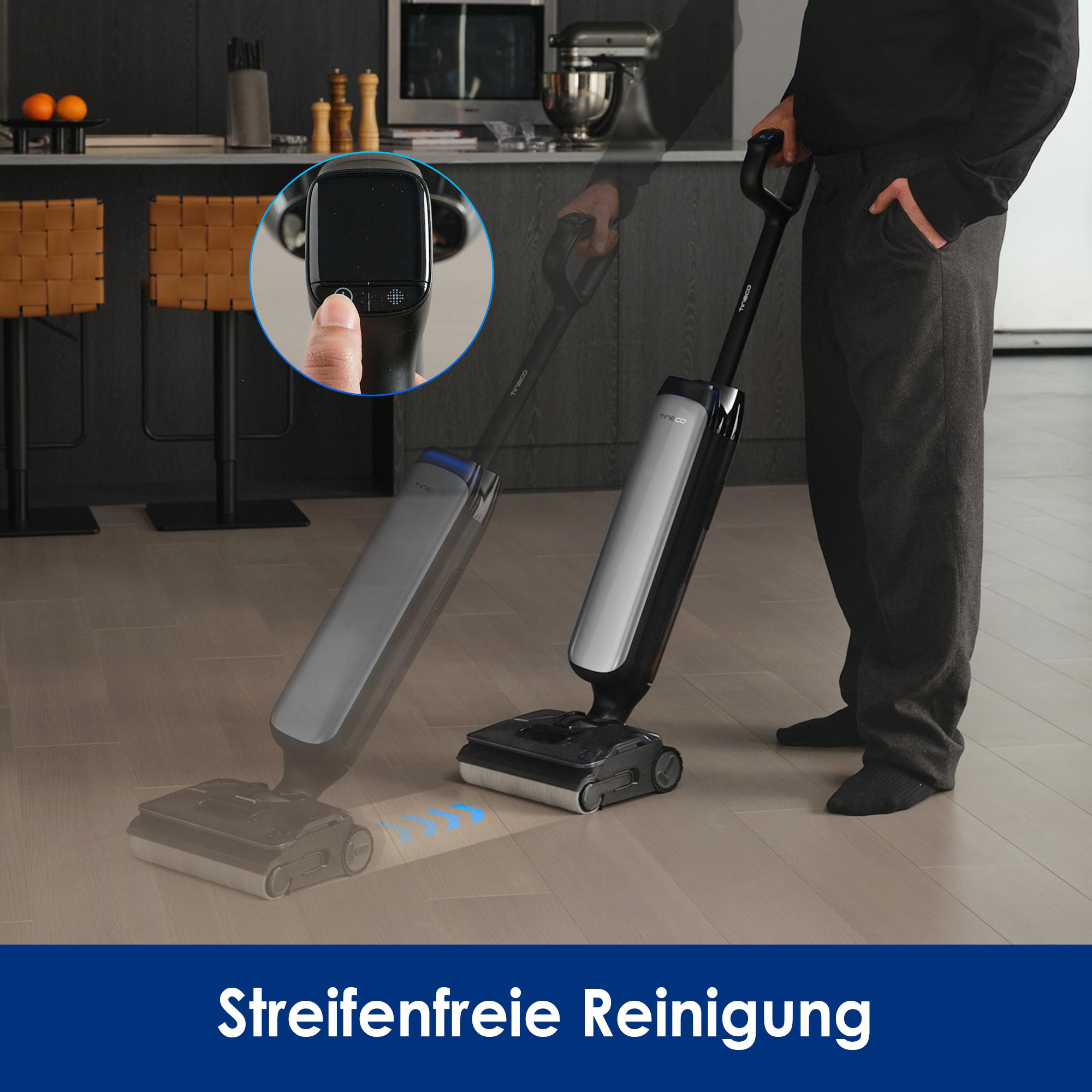 Eine Person, die einen Bodenreiniger benutzt, zeigt die Reinigungsaktion und eine Nahaufnahme der Bedienelemente.
