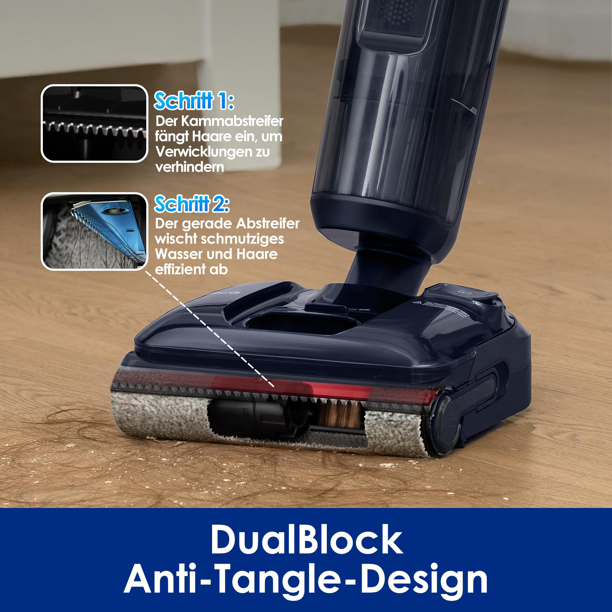 Nahaufnahme eines Staubsaugerkopfes mit Anti-Tangle-Design auf Holzboden.