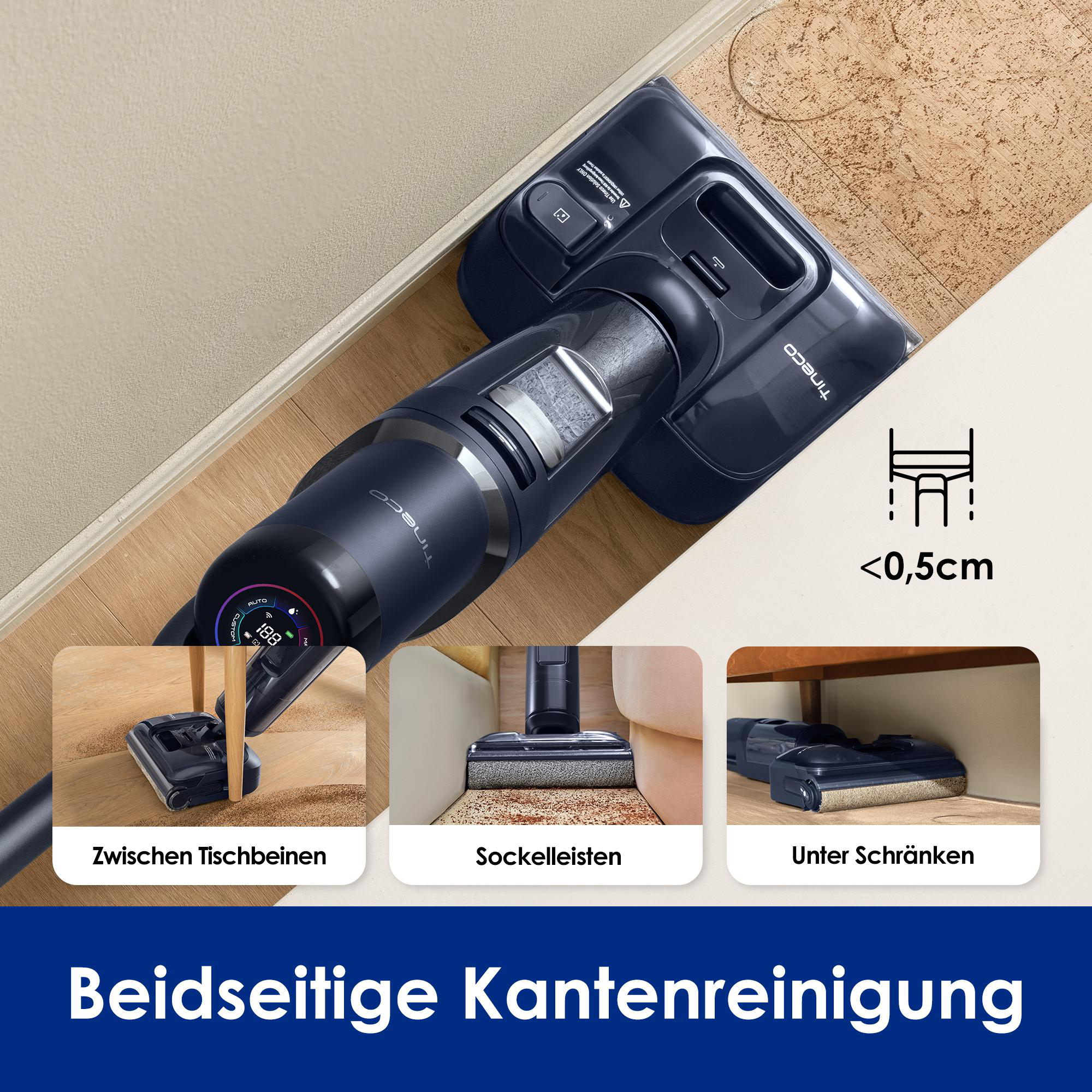 Staubsauger auf einem Holzboden. Zeigt die Reinigung zwischen Beinen, Fußleisten und unter Schränken.